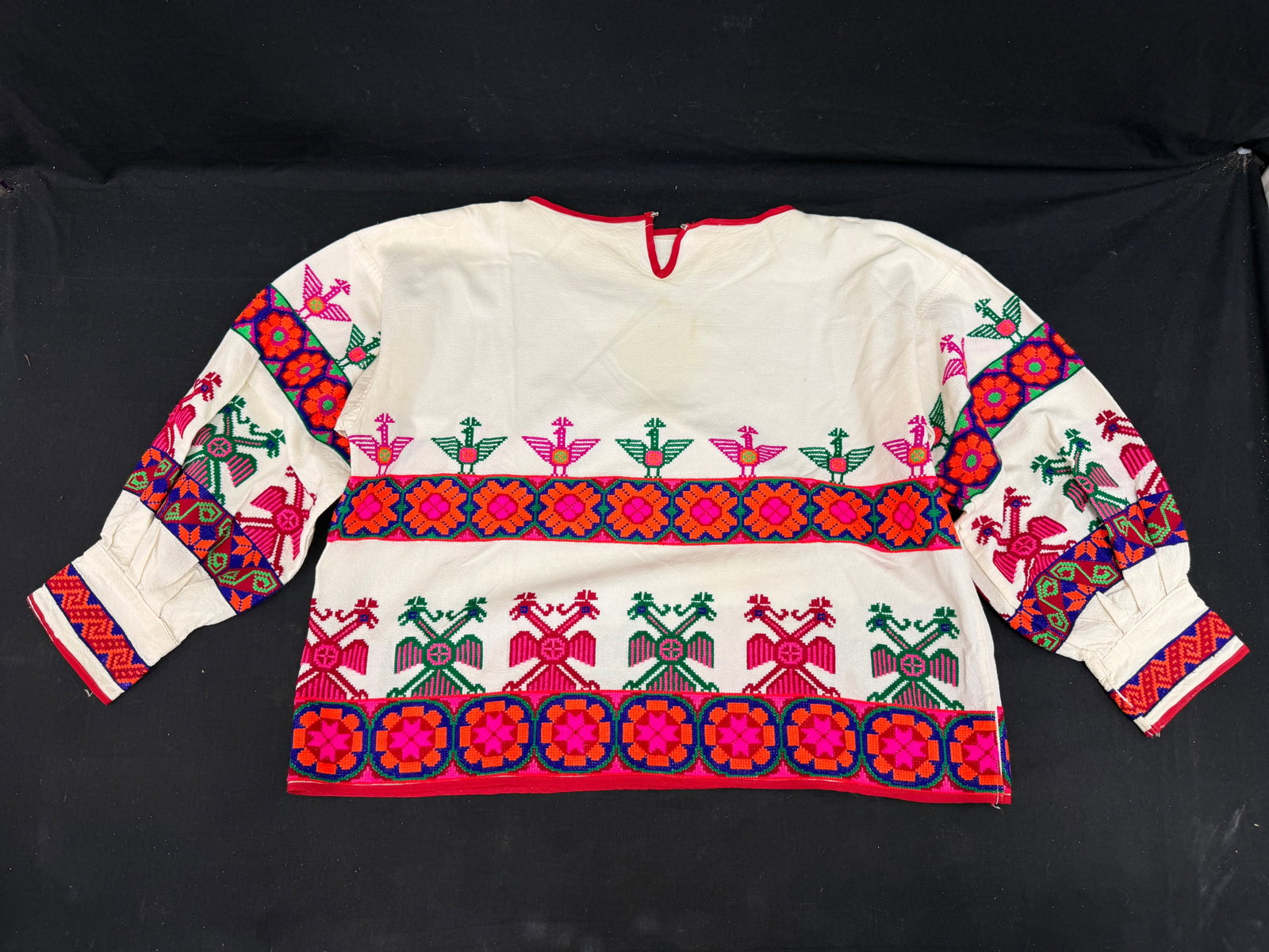 Vintage Traditional Huichol Embroidered Shirt/ Blouse: Hand Loomed on Quality White cotton(Manta) with Sacred Ancestral Motifs - Double Headed Eagle - Shoulder to Shoulder 25" x 24" Width x 22"L