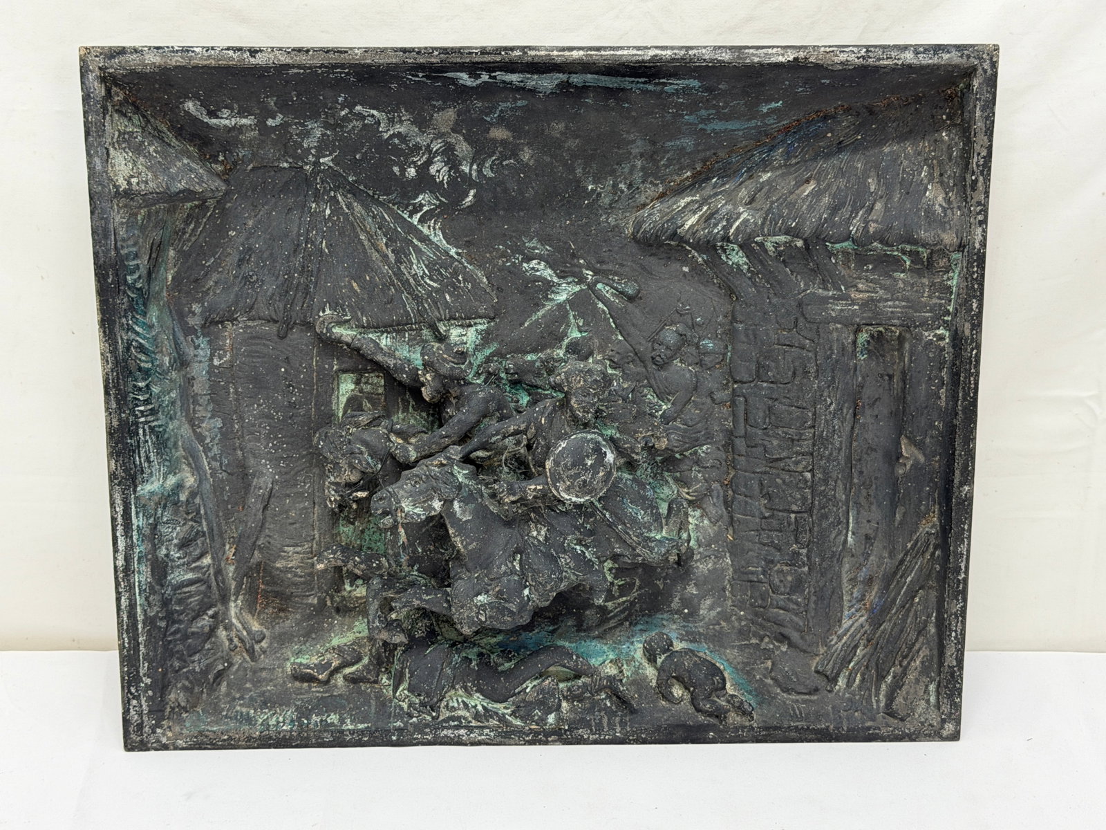 Antique Genghis Khan Raid Relief Iron Plaque 12.5" x 15.25": Antique Heavy Iron Metal Relief Plaque "Village Raid" 12.5" x 15.25" - See Photos for Condition -