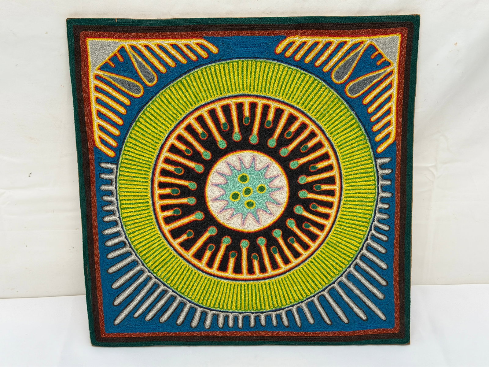 Signed Vintage Huichol Folk Art Yarn Art (Nierika) Peyote Flower 11.75" x 11.75" (1 of 5)