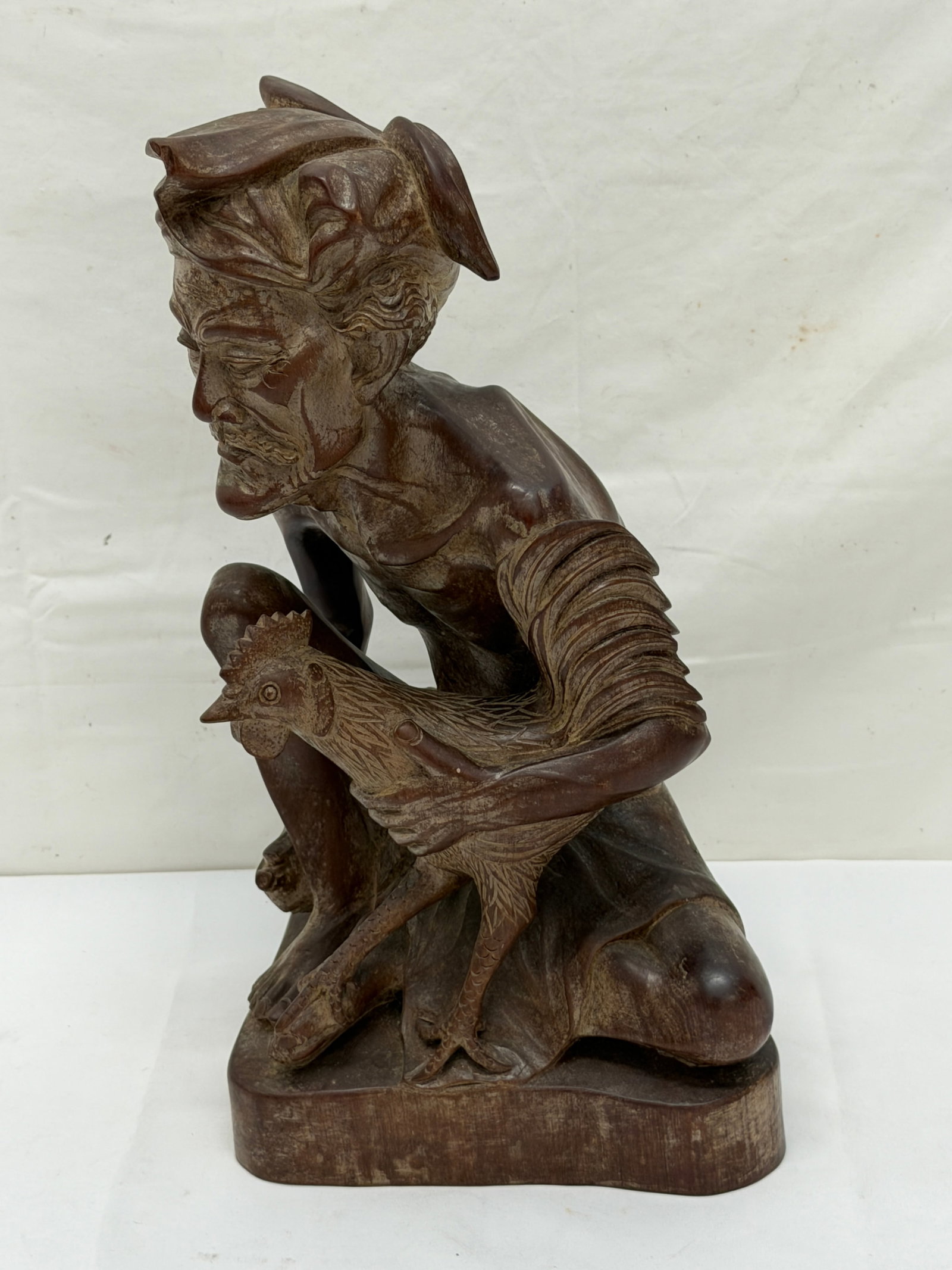Balinese Hardwood Hand Carved Farmer Holding Rooster Sculpture, Signed on Bottom 10" x 7" x 14" (1 of 5)
