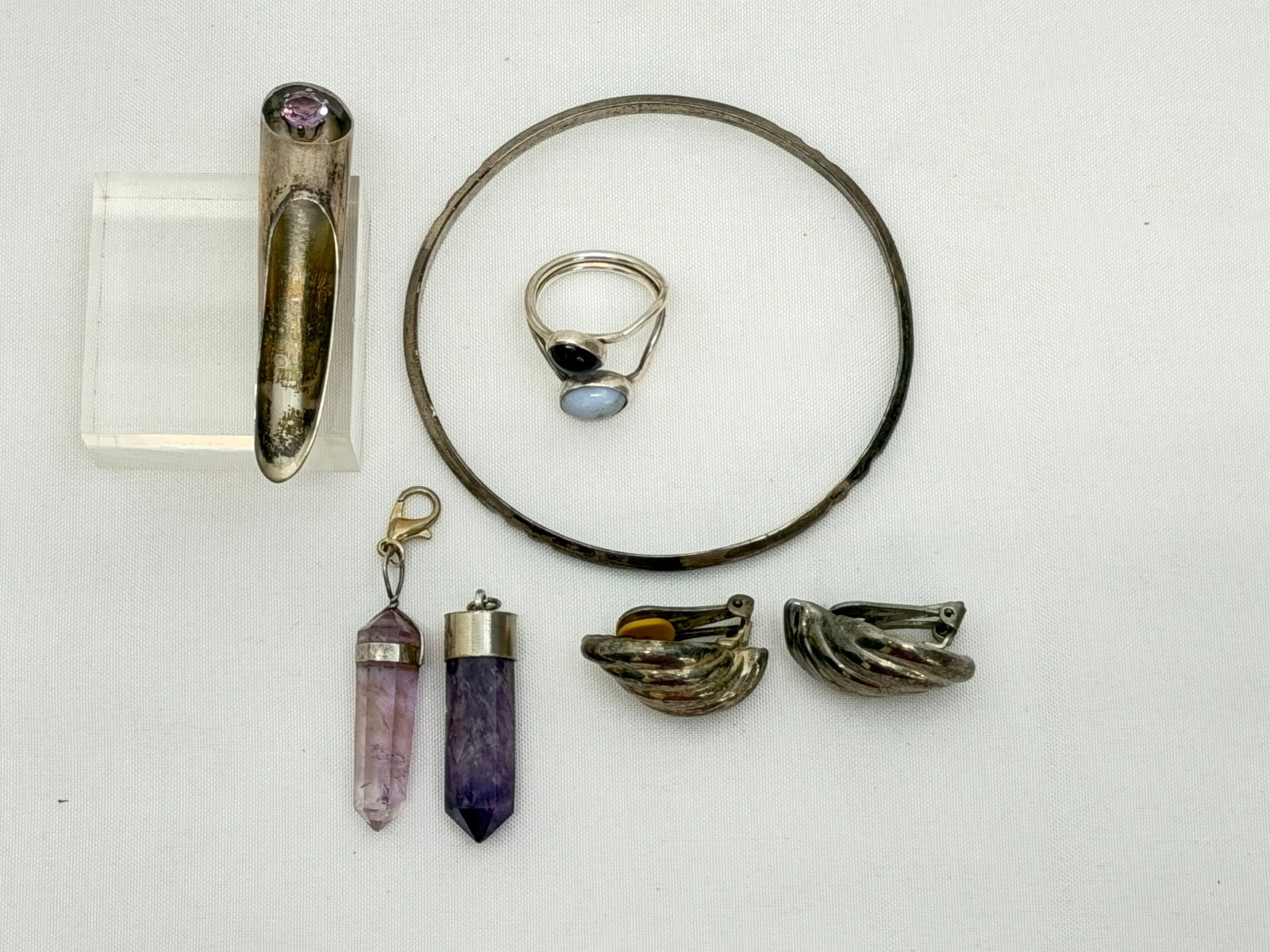 Vintage Sterling Silver Jewelry - Brooch, Bracelet, Pendants, Ring + More: Modernist Brooch with Amethyst 2.25", Sterling Bracelet + Clip Earrings, Amethyst & Moonstone Ring Sz 7, Amethyst Crystal Pendants