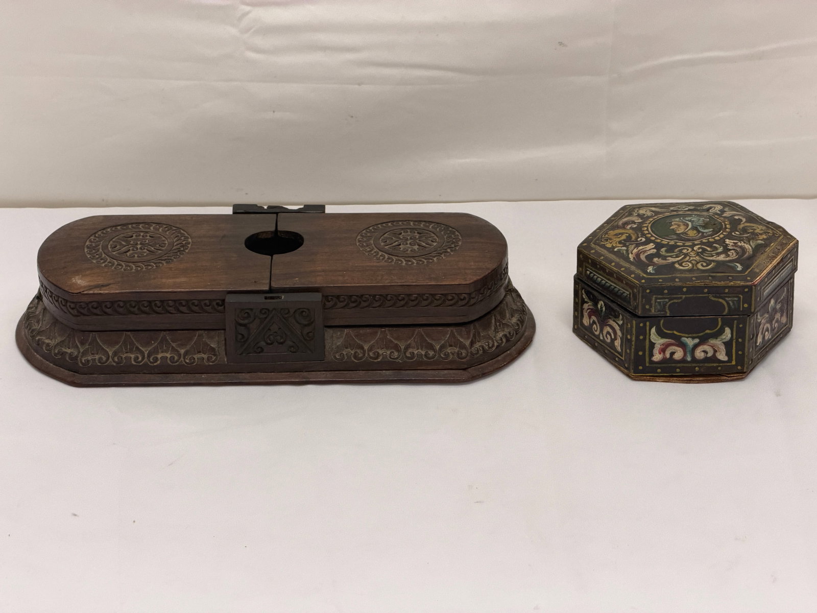 Antique Hand Crafted Fold Out Desktop Box 4.5" x 11" x 2.25" + Hand Painted Octagonal Box (1 of 12)