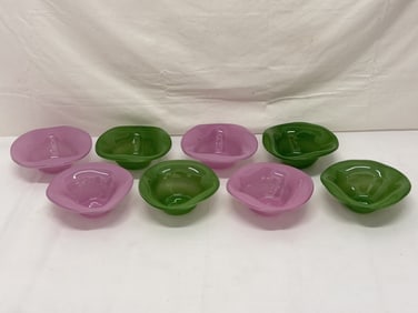(8)Signed Annie Glass Whimsical Bowls 6" x 6" x 2" - Purple & Green Color: (8)Signed Annie Glass Whimsical Bowls 6" x 6" x 2" - Purple & Green Color
