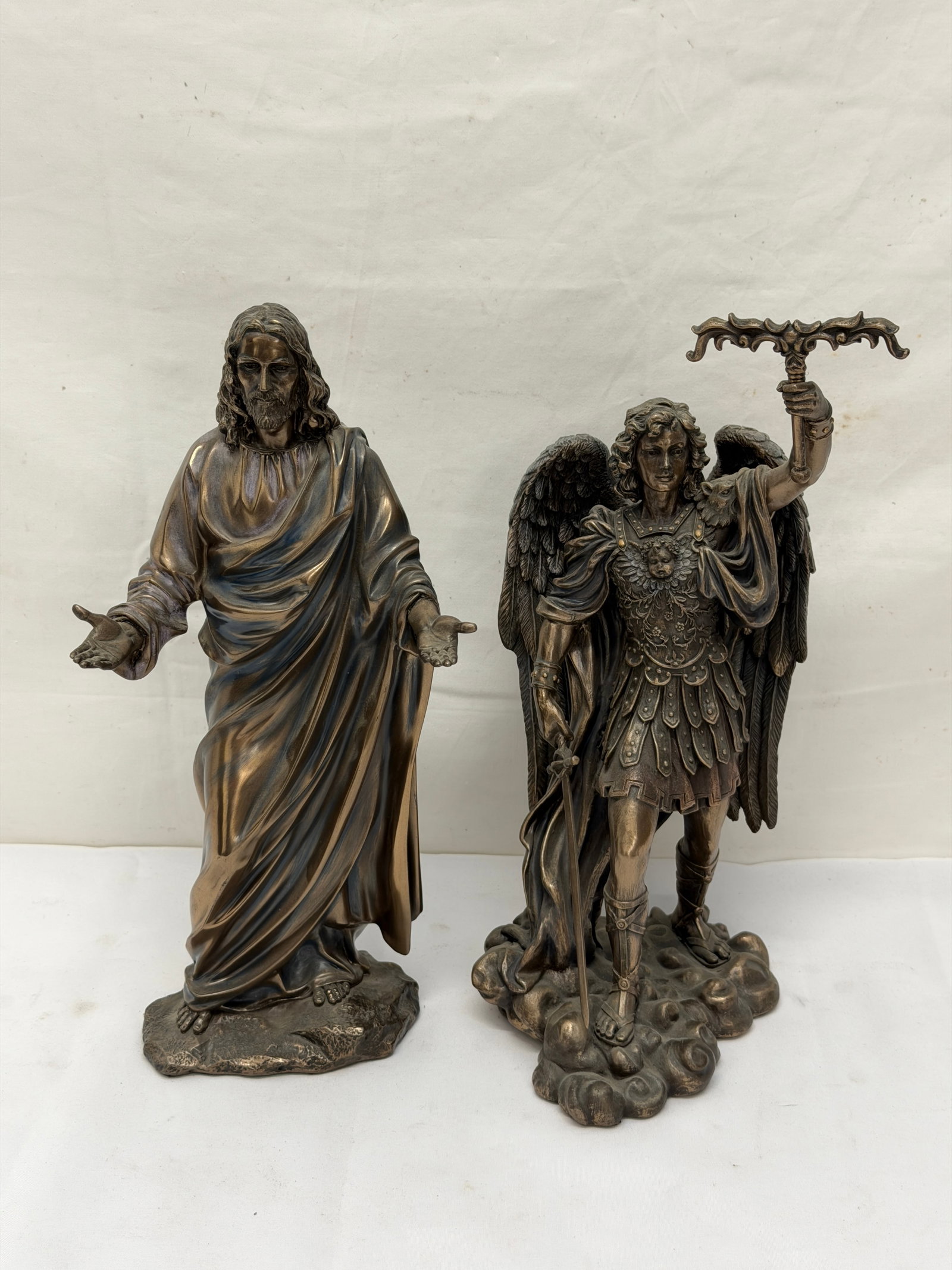 Jesus & St.Michael Cast Resin Bronze Statues: Jesus 11.5"T, St.Michael 10"T - Overall 11.5"T