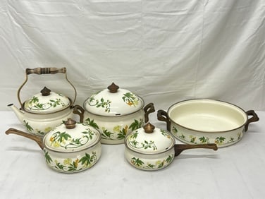 5pc ASTA Fissler German Enamelware Trumpet Squash - Dutch Oven, Covered Pots, Pan, Teapot: 5pc ASTA Fissler German Enamelware Trumpet Squash - Dutch Oven, Covered Pots, Pan, Teapot