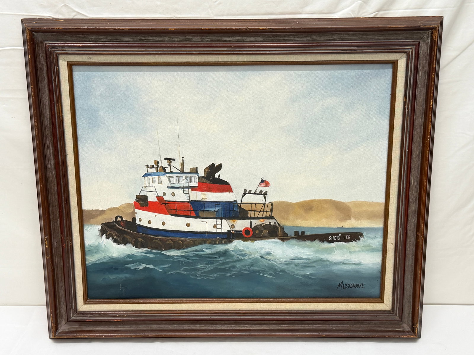 Signed "Musgrave" Oil on Canvas of Tug Boat - Framed 21" x 25" , Sight 16" x 20" (1 of 4)