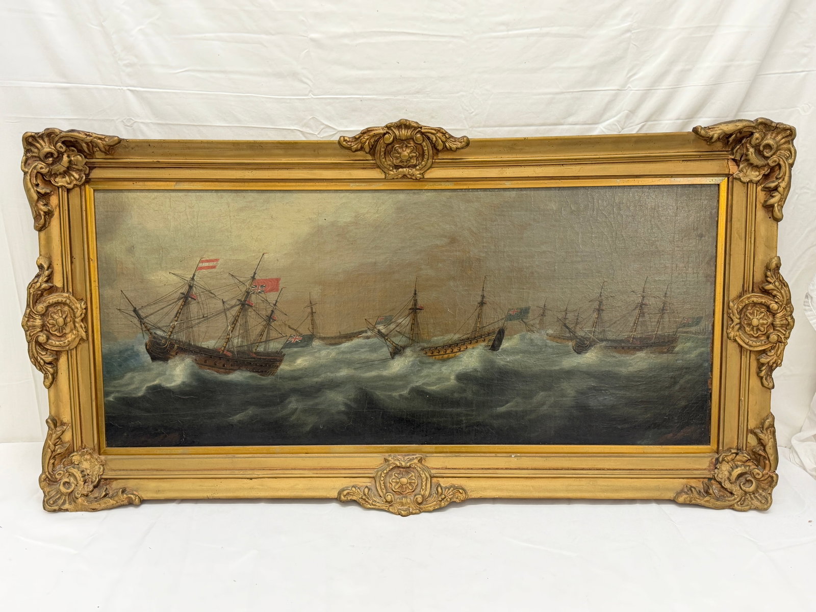 Antique Maritime Naval Scene Oil - Attributed to Thomas Luny - Framed 21.5" x 42", Sight 15.5" x 36"