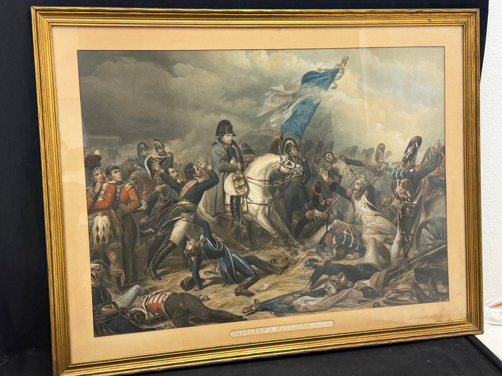 Antique Napoleon at Waterloo Hand Colored Etching Print - Framed 36" x 46.5" (1 of 8)
