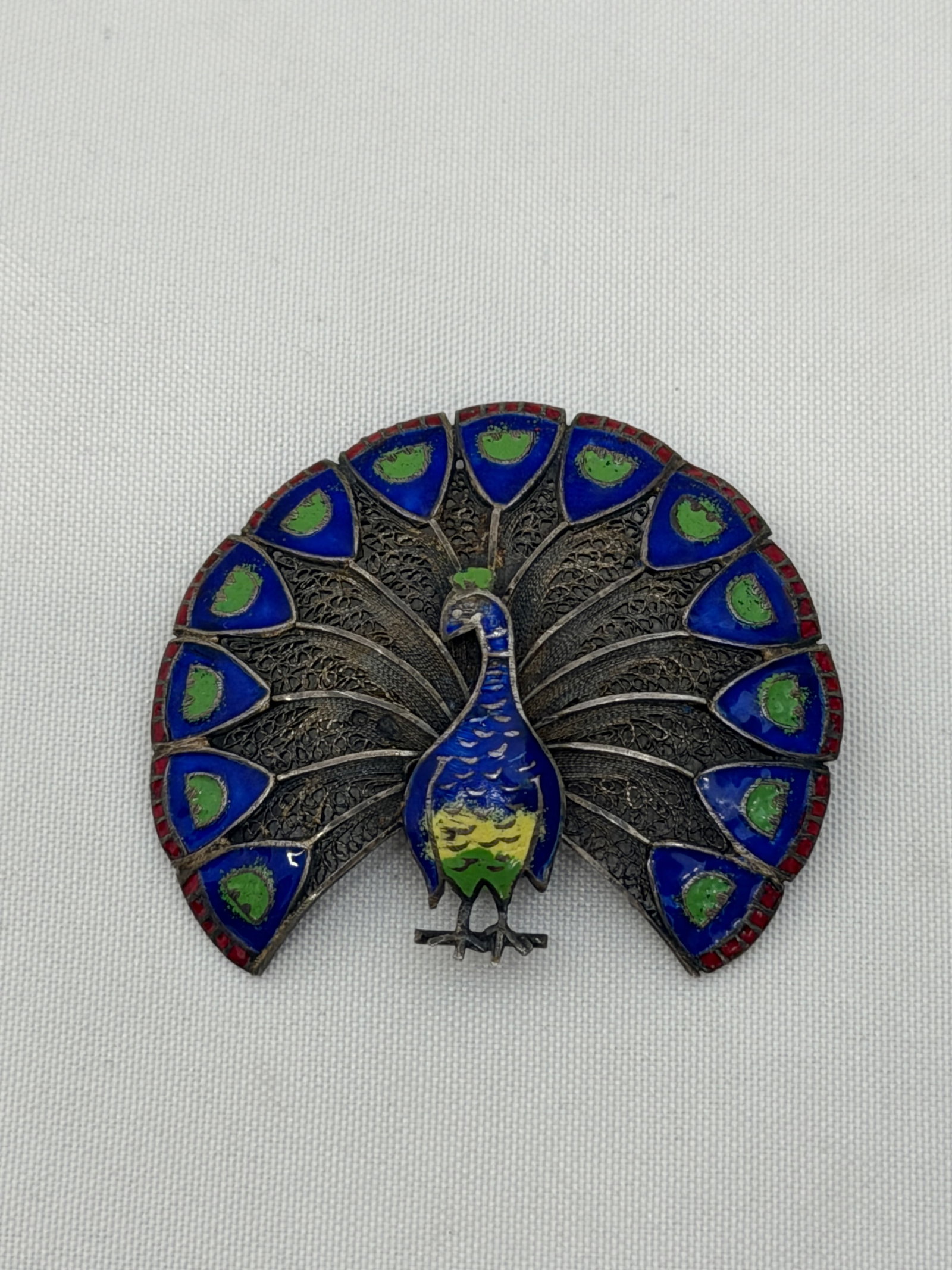 Vintage Sterling Filagree Enamel Peacock Pin 1.75" x 1.5"