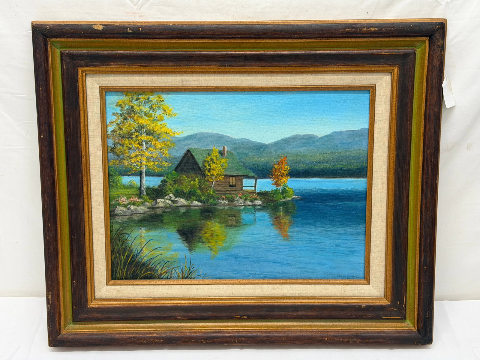 Erma Brady (1901-2000) Original Oil of Cabin on Lake,Signed - Framed 19.5" x 23.5", Sight 12" x 16"
