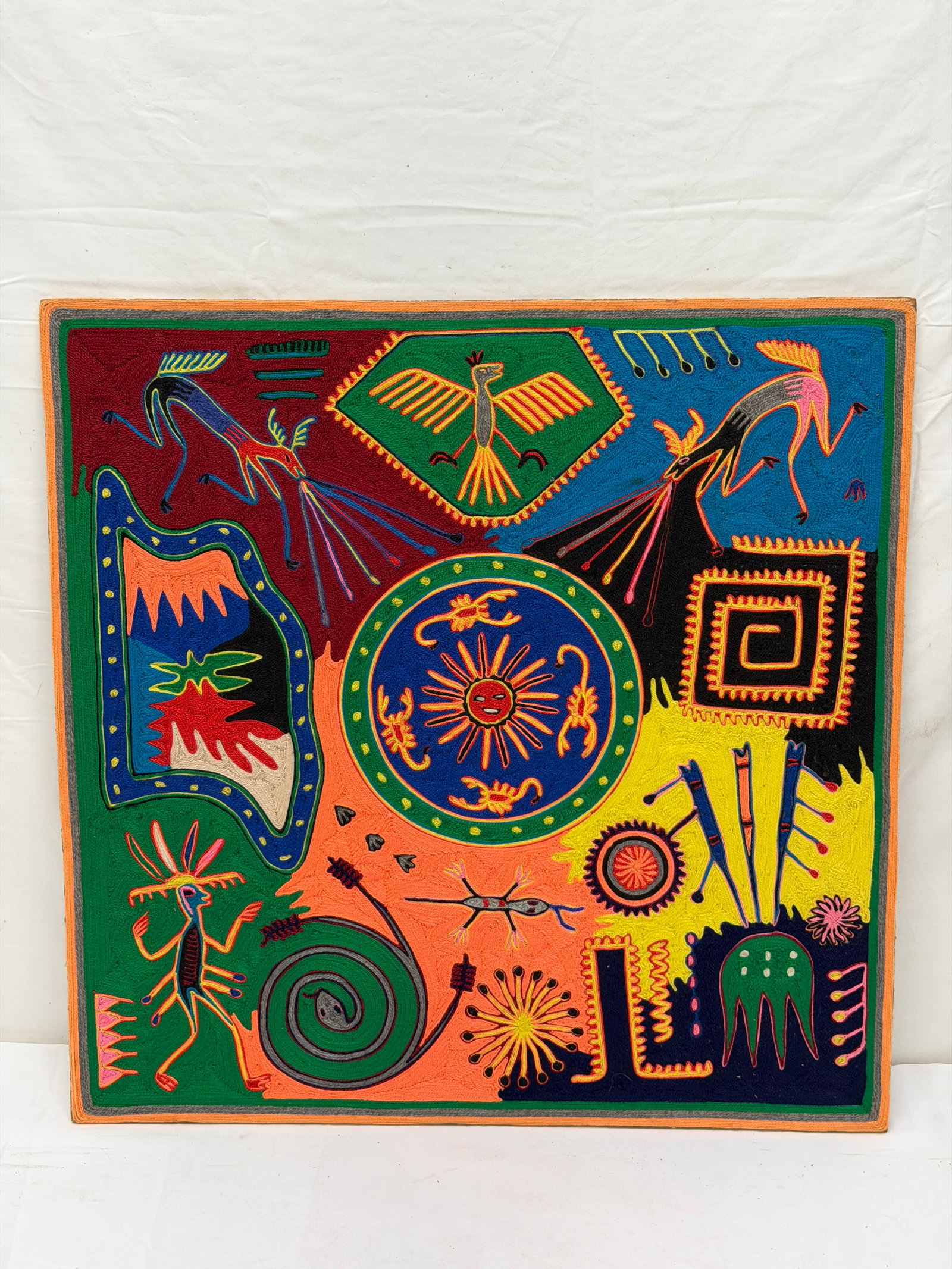 Vintage Huichol Folk Yarn Art 24" x 24"