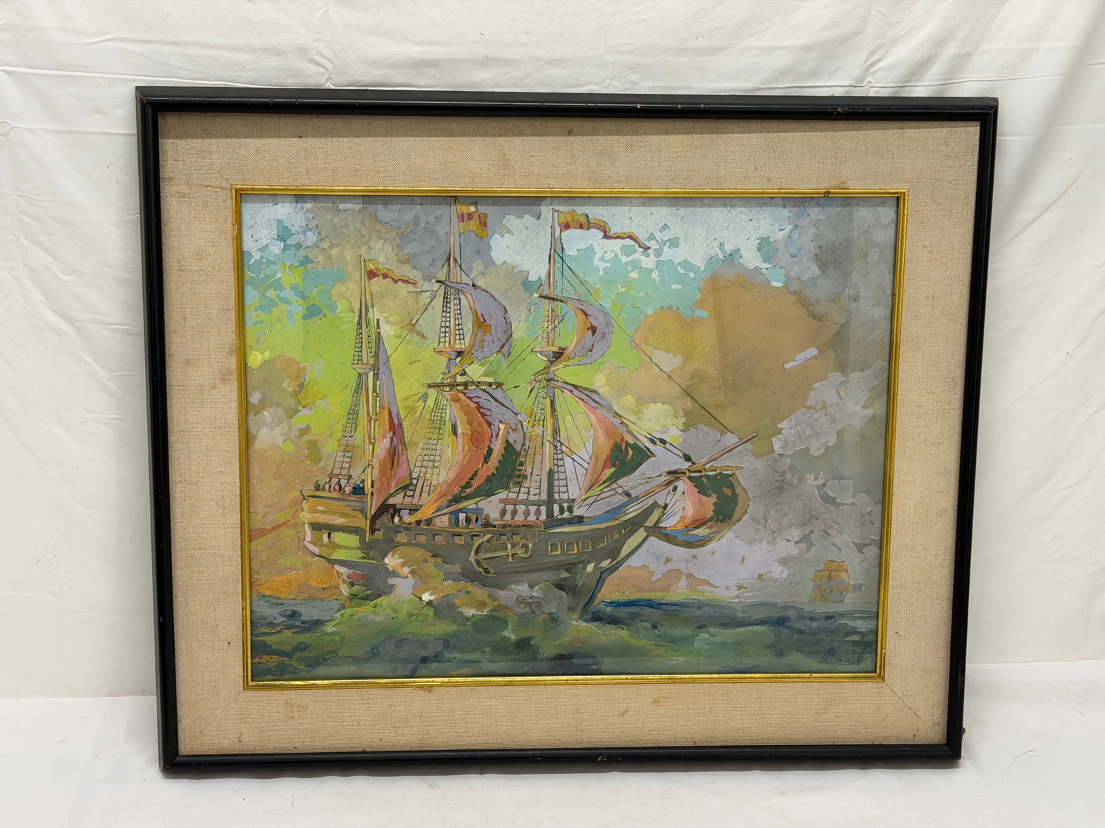 Signed Original Watercolor of "Ship at Sea" by 'Marchie'? - Framed