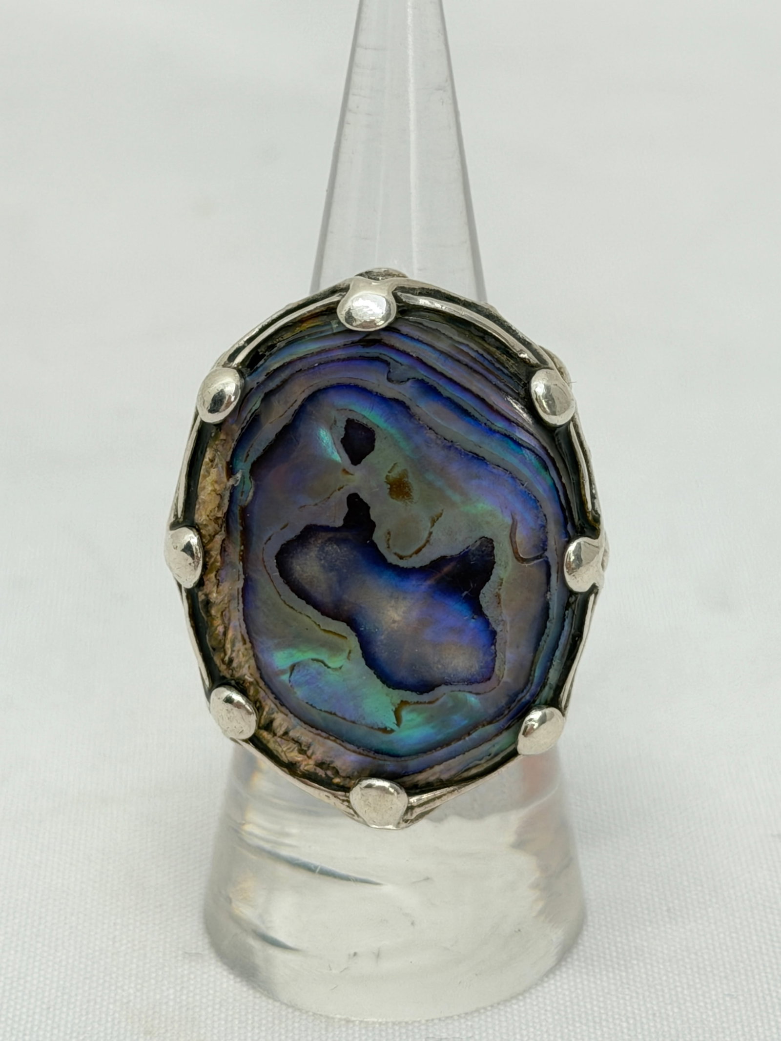 Sterling Silver Ring with Abalone Inset - Sz 7, Abalone 1.25" x 1" (1 of 5)