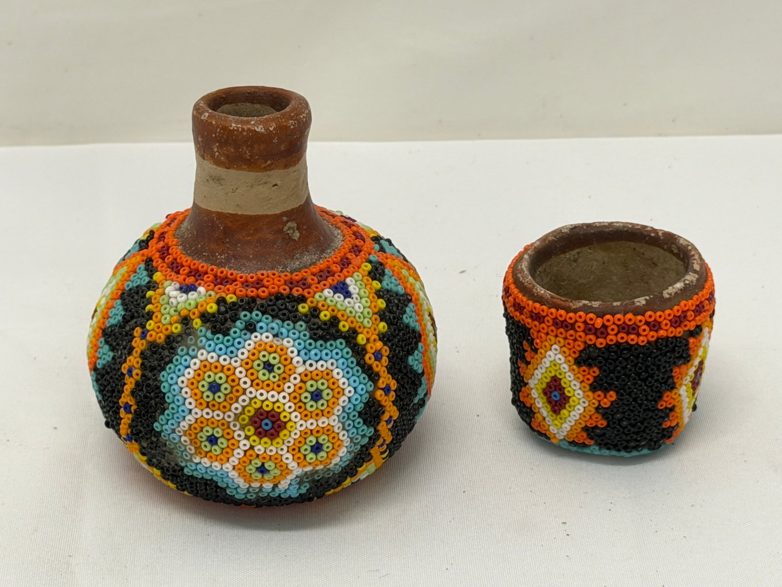 Vintage Huichol Beaded Clay Flask/ Decanter Pot with Cup / Stopper 4"T: Wixarika Hand Made Clay Flask/ Decanter with Beaded Clay Cup + Stopper with Natural Tree Resin + Bead Work