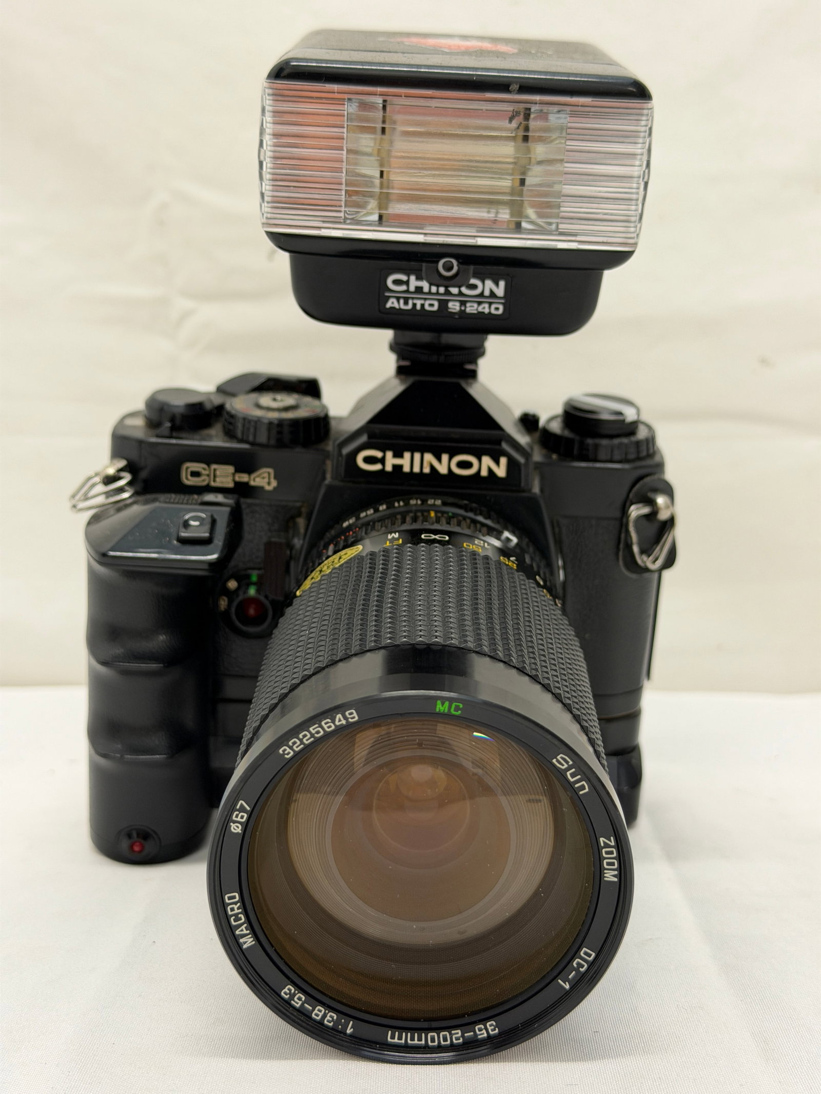 Vintage Chinon CE-4 Camera, PW-530, Auto S-240 with Lens: Chinon 50mm lens, Macro 35-200mm lens