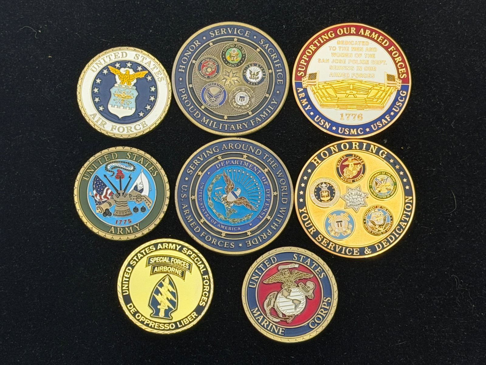 (8)Asst Military Challenge Medals: United States Special Forces Army, US Marine Corps, Honoring Your Service & Dedication, Air Force, Army + More