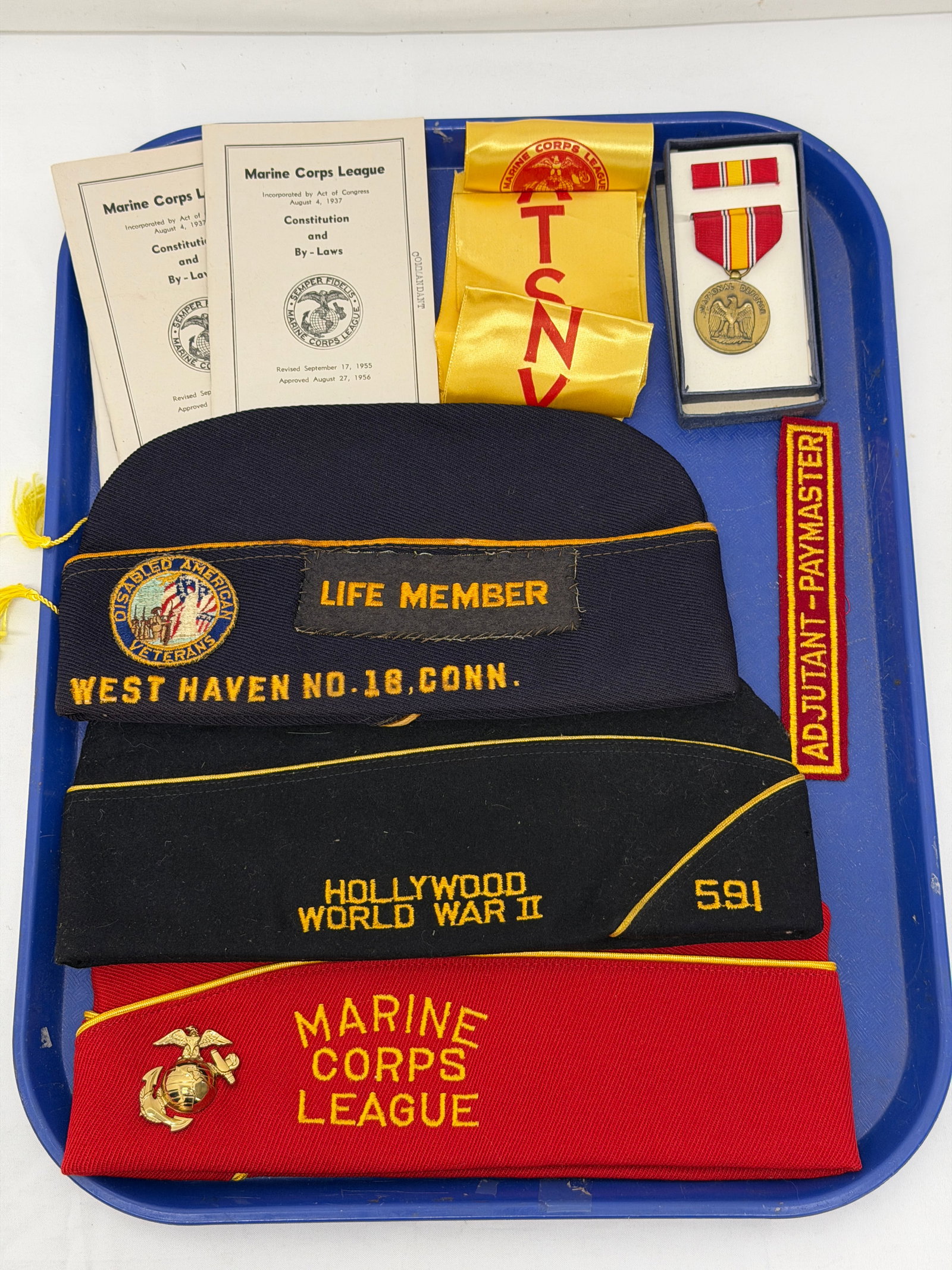 Marine Corps Items - 1955 By-Laws Hats, Pins, More: (3)1955-1956 Marine Corps League Constitution & By-Laws Books, 1959 Marine Corps Convention Ribbon Watsonville,CA Ribbon + Medal in Box, Marine Corps Cap with Eagle Globe Pin & WWII American Legion Em