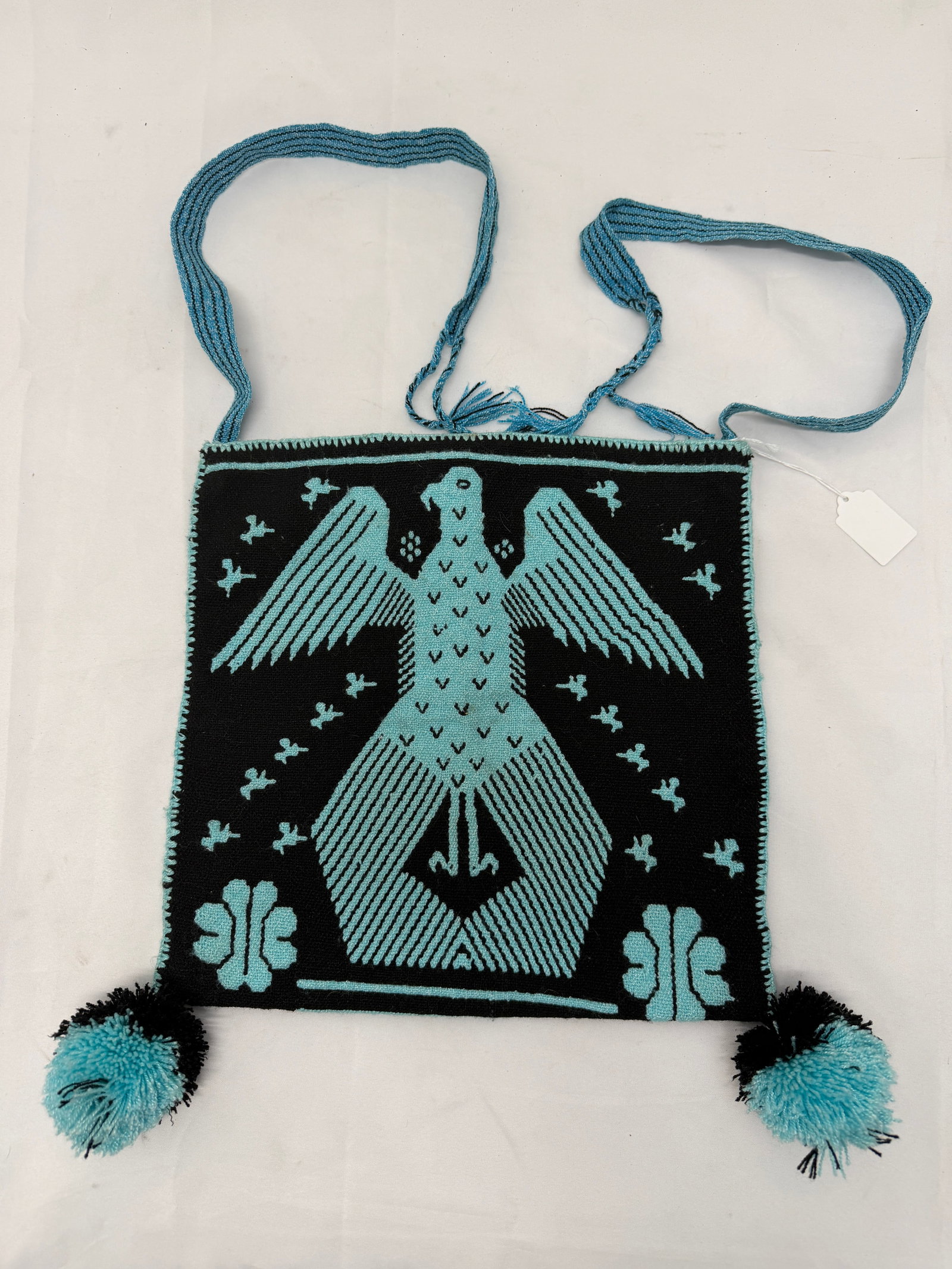 Vintage Hand Crafted Huichol Morral Art Yarn Bag with Sacred Eagle Design - 12.5" x 12": Vintage Hand Crafted Huichol Morral Art Yarn Bag with Sacred Eagle Design - 12.5" x 12"