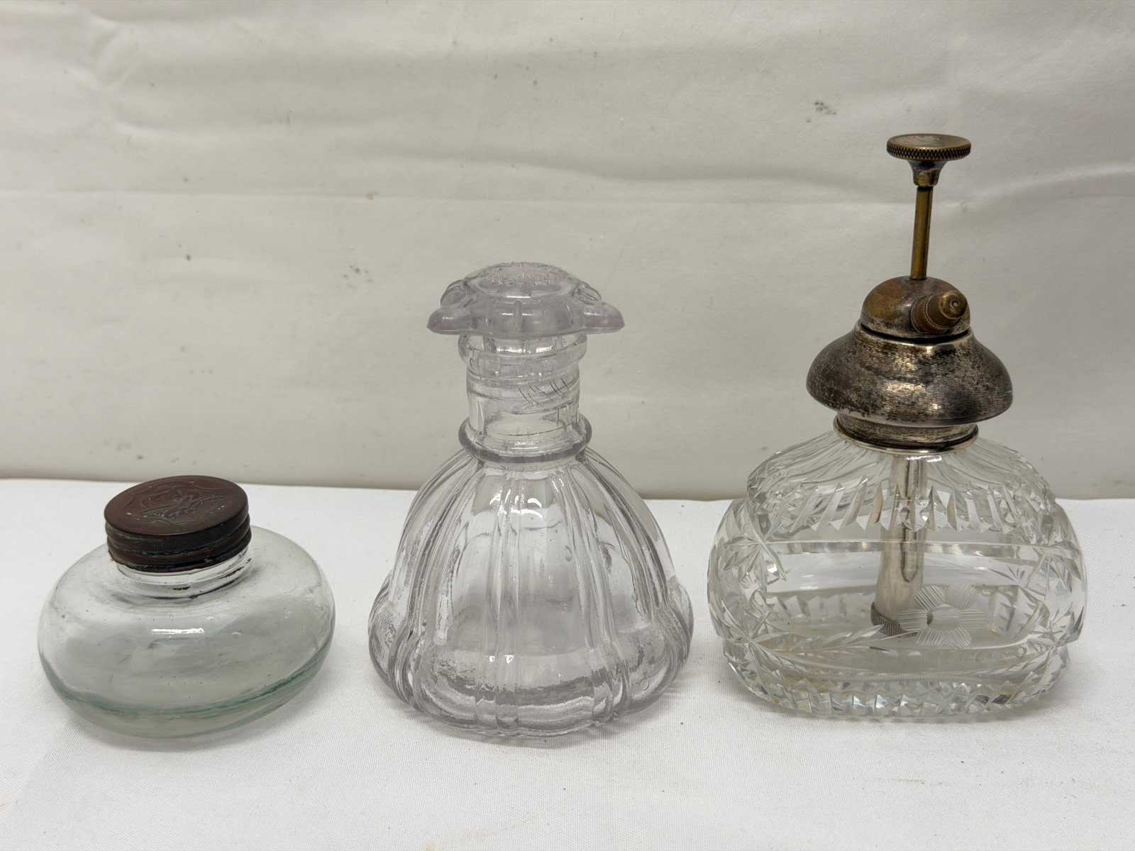 Antique Atomizer Pump Perfume with Sterling + Jars: Cut Perfume Bottle with Sterling, Jar with Metal Lid