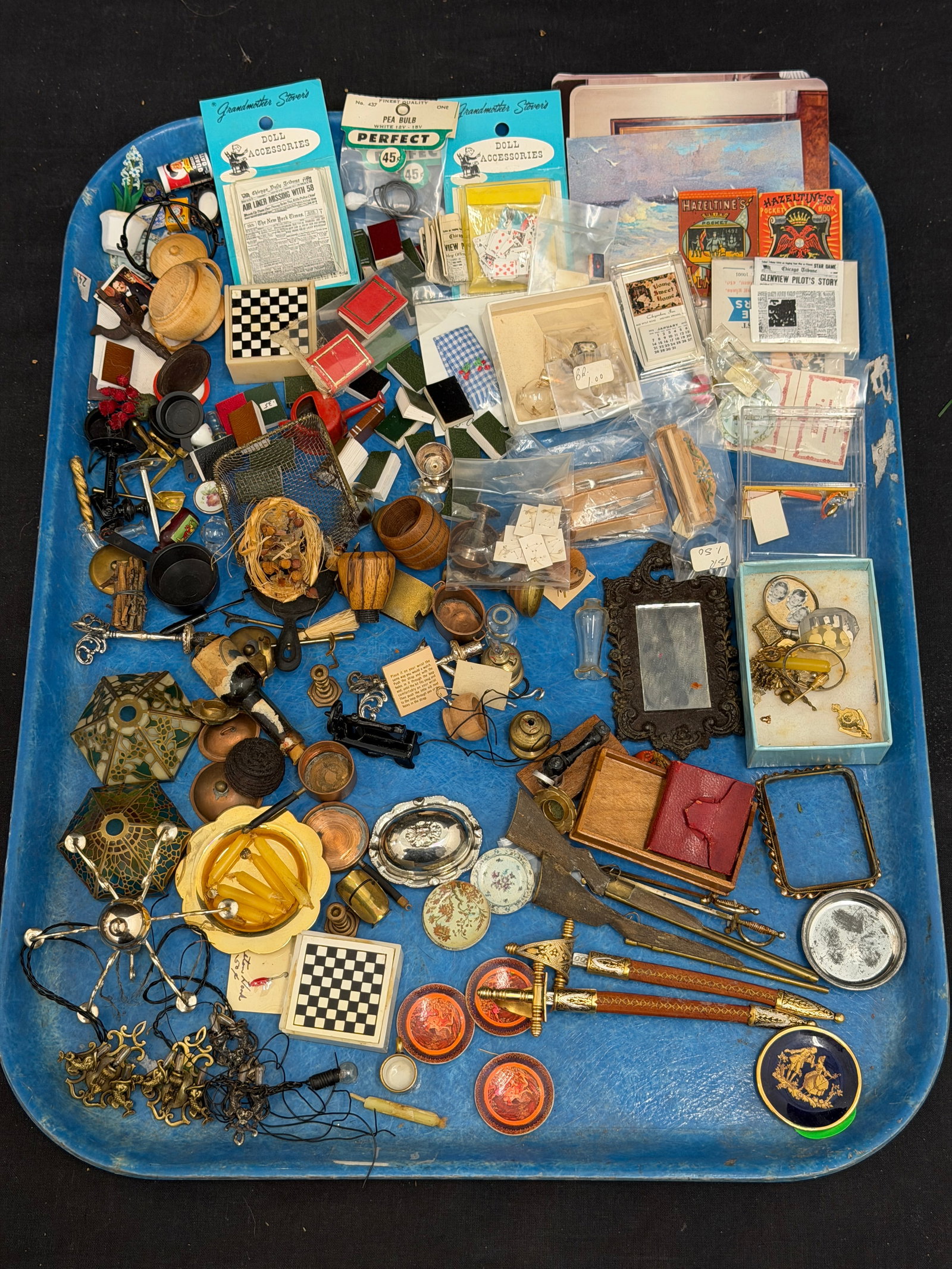 Assorted Vintage Miniature Doll House Items: Mirror, Limoges Plate, Copper Pans, Miniature Chess Set, Lights, Candlesticks, Rifles, Swords, Glasses & More