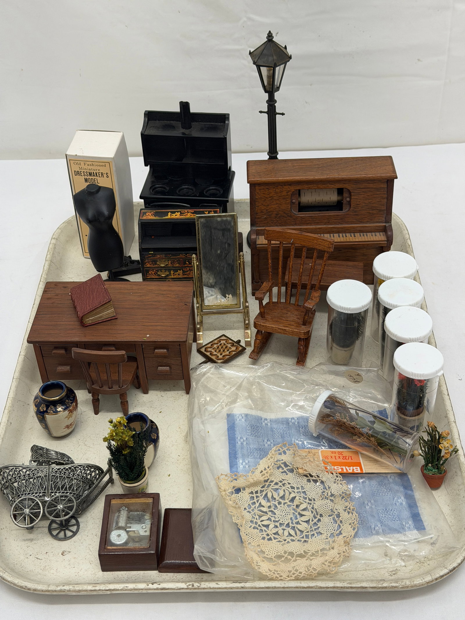 Assorted Doll House Furniture, Urns, Plants + More: Musical Player Piano, Desk with Chair, Rocking Chair, Stove, Dressmaker Model, Carriage, Book + More