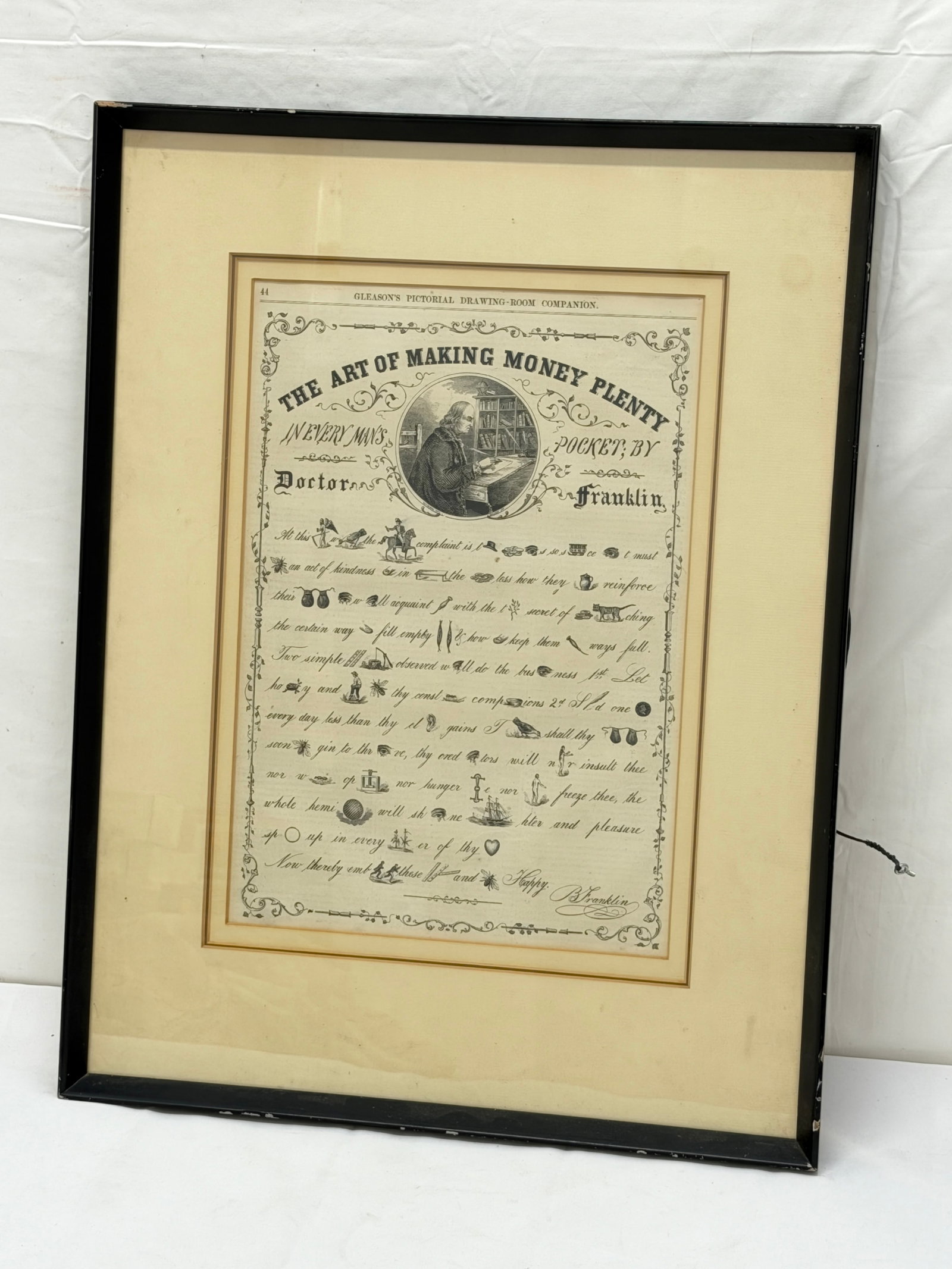 1880s Benjamin Franklin Rebus "The Art of Making Money Plenty" - Framed 16.75" x 21.75": Professionally Framed Matted