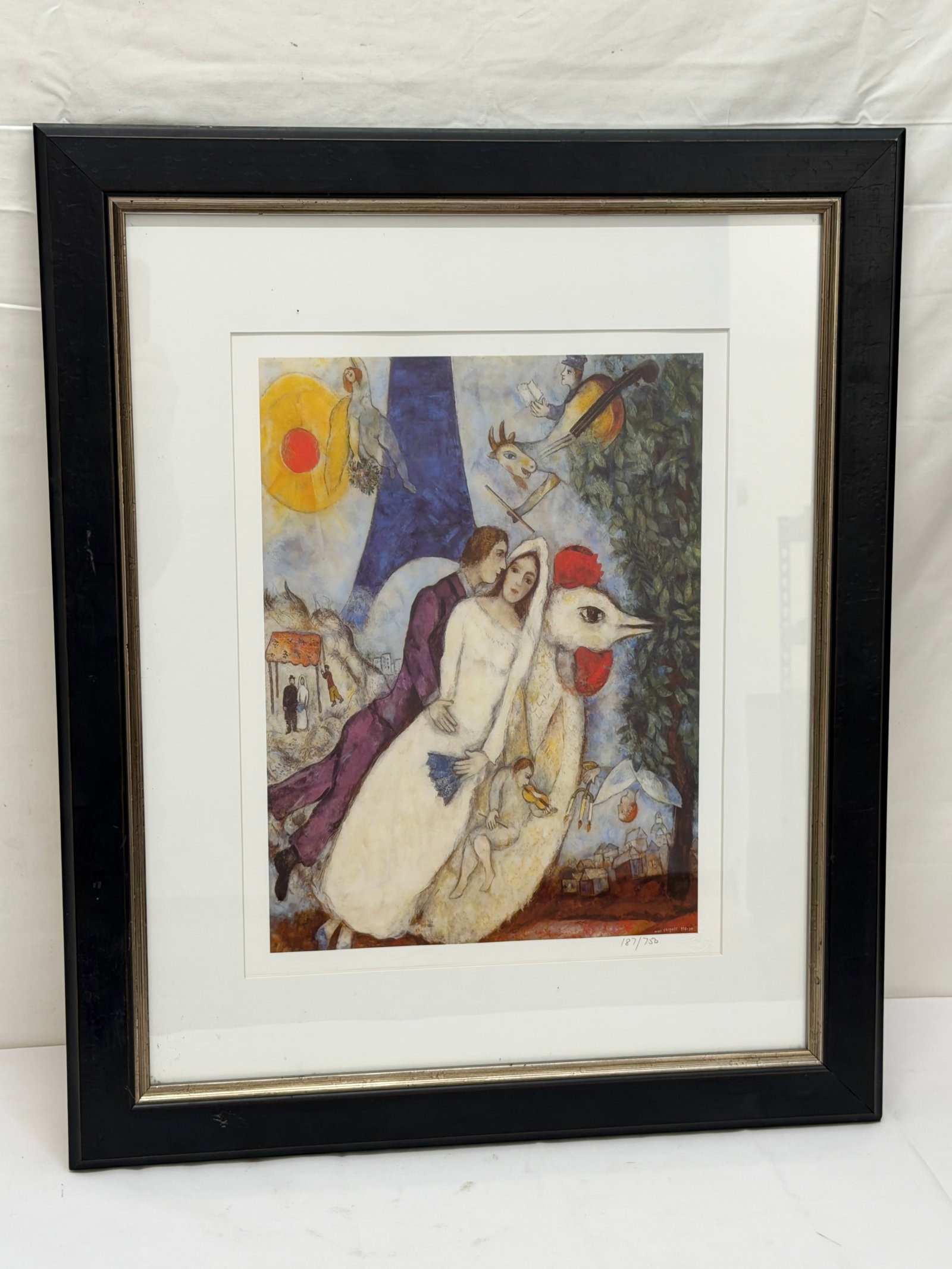 Marc Chagall Ltd Ed. Lithograph "Bride & Groom of the Eiffel Tower" - Framed 19" x 23": Chagall Facsimile Signed & Pencil Numbered 187 / 750, Embossed in Corner