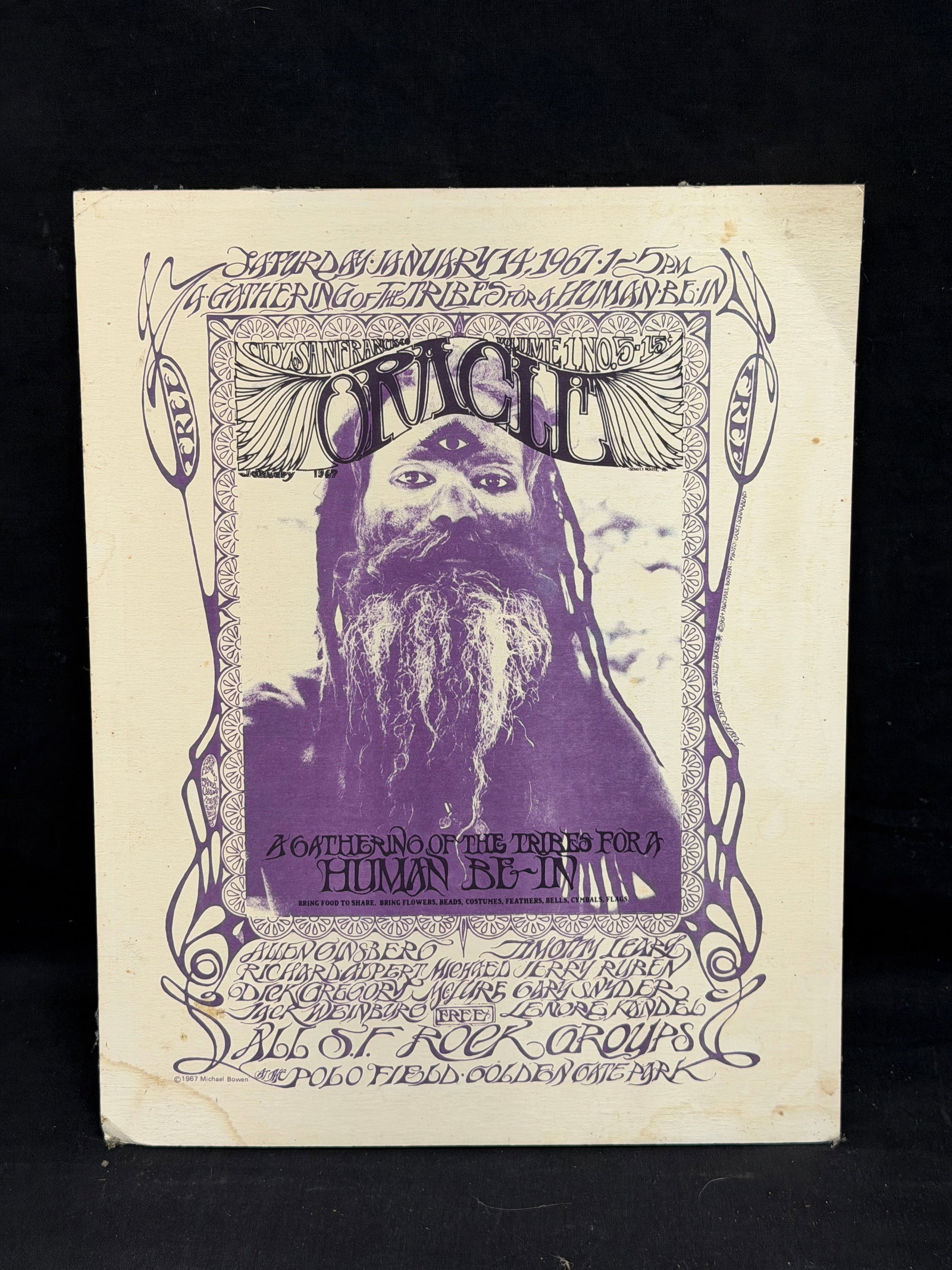 1967 San Francisco Oracle Human-Be-In Poster 11.5" x 14.5": San Francisco Golden Gate Park Polo Fields on January 14, 1967 Designed by Stanley Mouse + Conceptualized by Michael Bowen. Poster is on Cardstock with Image of Casey Sonnabends Iconic Photo of an Ind