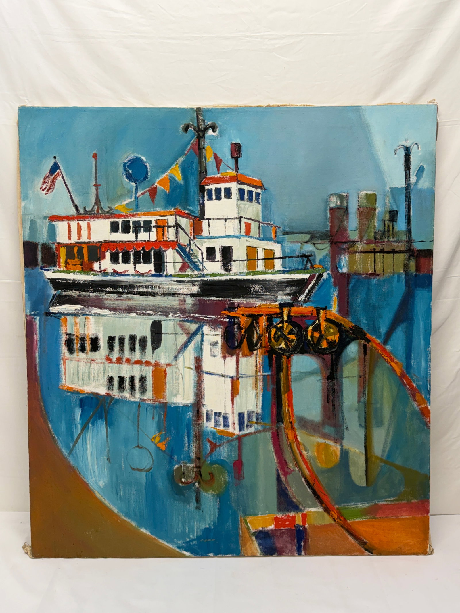 Patricia Rader (1939-2022)CA Artist Original Oil on Canvas of "Moss Landing Dock" 34" x 38" (1 of 3)