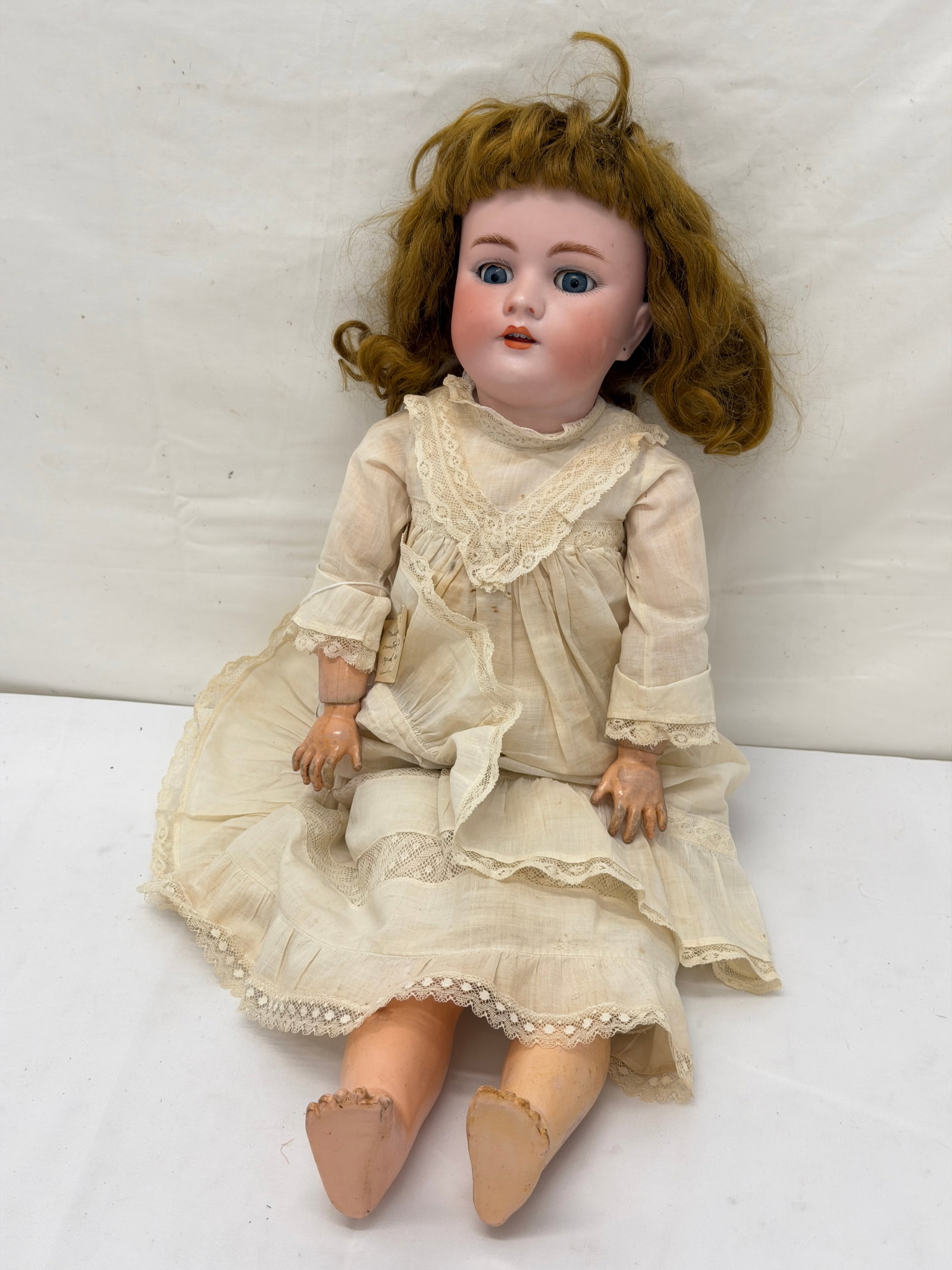 Antique German Hand Werck DEP 3 Bisque Doll: Hand Painted Face with Sleepy Eyes & Composition Body, Jointed Arms & Legs 21"L