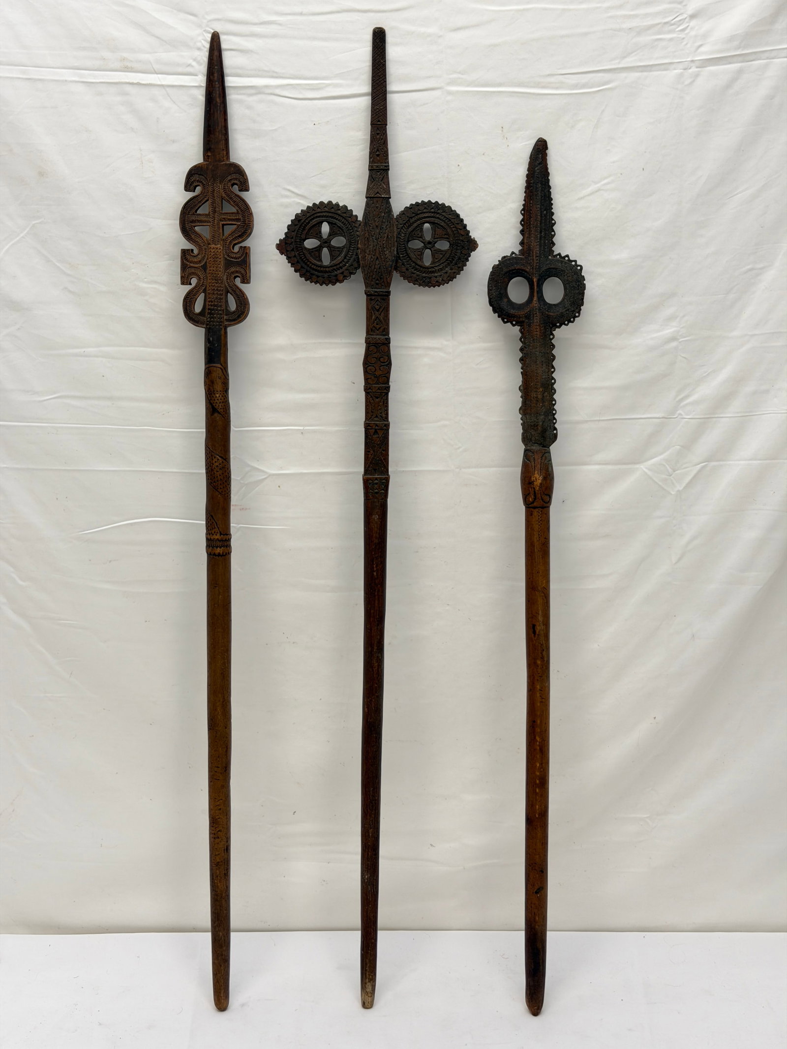 (3)Antique Folk Art Carved Wooden Distaffs - Ornately Carved - (1)34"L , (2)37.5"L (1 of 9)
