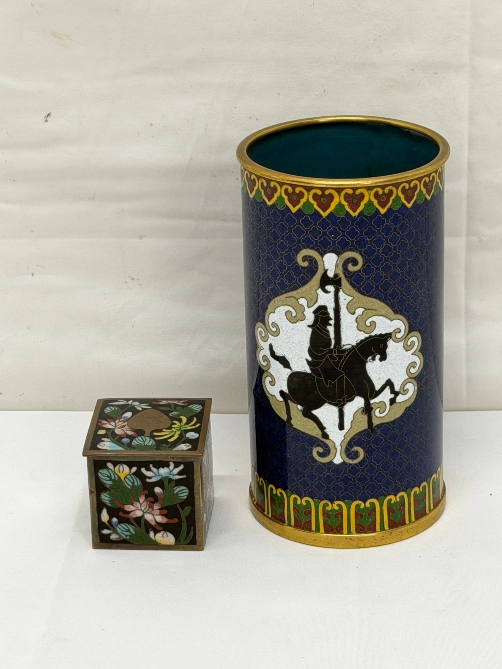 Antique Chinese Cloisonne Desk Ashtray / Stamp Box + Vintage Vase: Antique Cloisonne Box 1.75" x 1.75" , Vintage Cloisonne Vase 3.25" x 6.25"