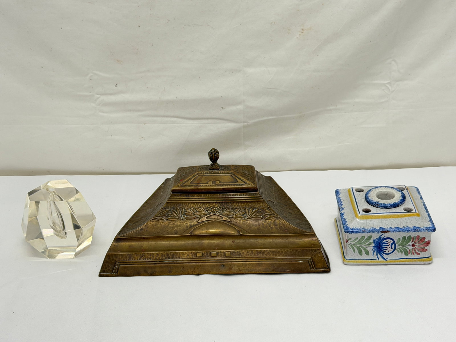 Antique / Vintage Inkwells - Nouveau WMF, French & Glass: German Art Nouveau WMF Brass Inkwell 11" x 7.75", French Faience 1920s, Other 7"x 4.25"