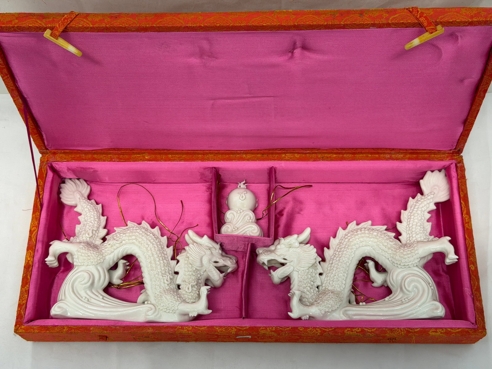Chinese Set Feng Shui White Porcelain Dragons in Original Silk Box: Dragons 9.5" x 2" x 7.5" , Box 8" x 19.5"