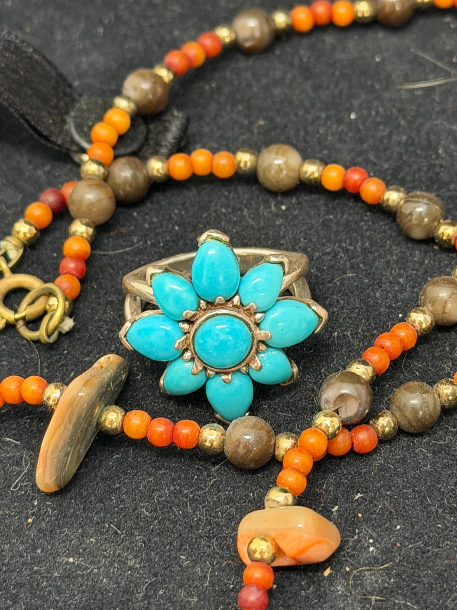 Sterling Southwestern Turquoise Ring, Coral Turquoise Watch + More: Abalone Beaded Stone Necklace, Beaded Vintage Native American Clip Earrings, Coral Turquoise Stone Watch Band & Ring