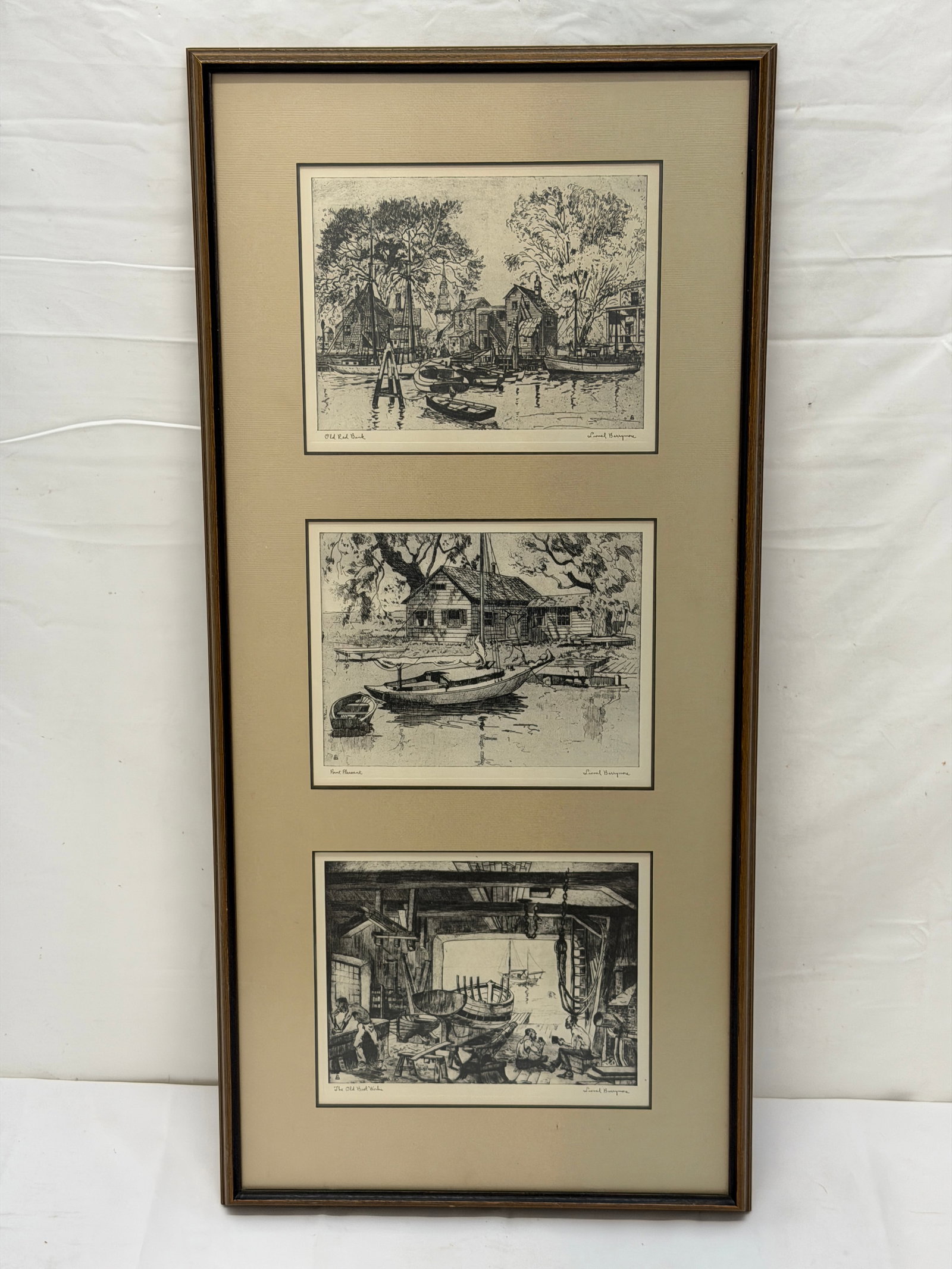 Lionel Barrymore Triptych Boating Art - Framed Matted 13" x 28" (1 of 9)