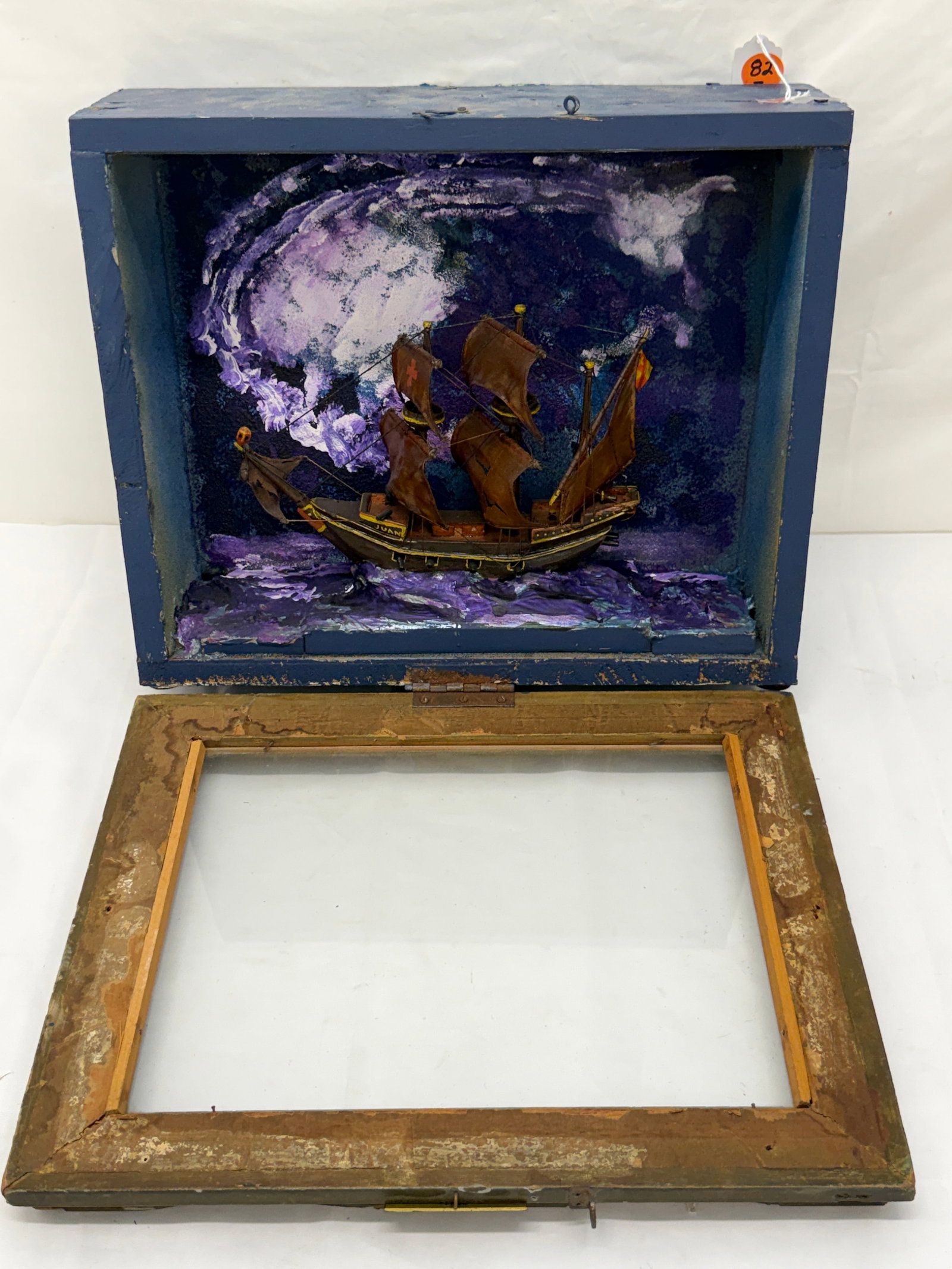 Early Ship Model Diorama "Juan" with Hand Painted Background - Overall 16" x 13" x 7": Wooden Ship Model with Hide? Sails & Plaque - Sailors Snug Harbor NY - Painted Wooden Box with Gilt Frame Diorama
