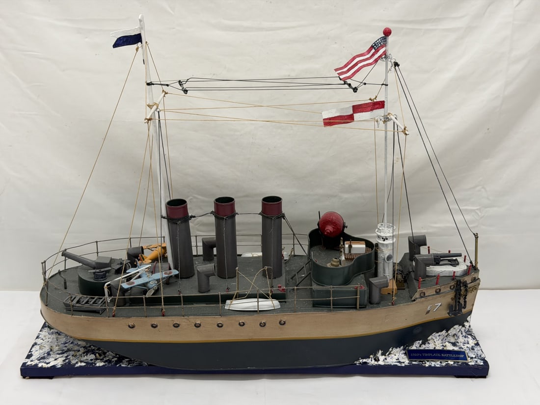 Tinplate Battleship Model with Extras Mounted on Board: Battleship with Plaque "1920" 6.5" x 22"L on Hand Painted Board 5" x 23"