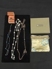 Honora Pearls - Necklaces & Ring Sz 7 , UnMarked Pearl Necklace: Italian Bronze Honora Ring Sz 7, White Pearl Necklace 34"L , Double Strand Black Pearl Necklace 34"L + Blue Pearl Necklace