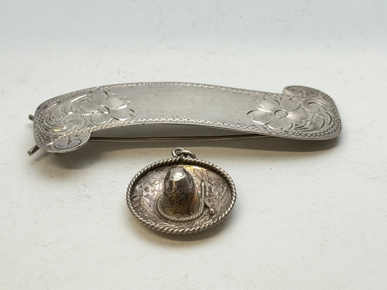 Vintage Diablo Sterling Hair Barrette 3.25" x 1", Sterling Sombrero Pendant (1 of 6)