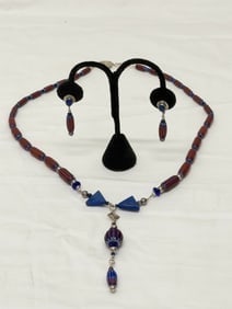 Venetian Chevron Glass Bead & Lapis Necklace 24"L & Dangle Earrings in Sterling Silver 1.75"L (1 of 7)
