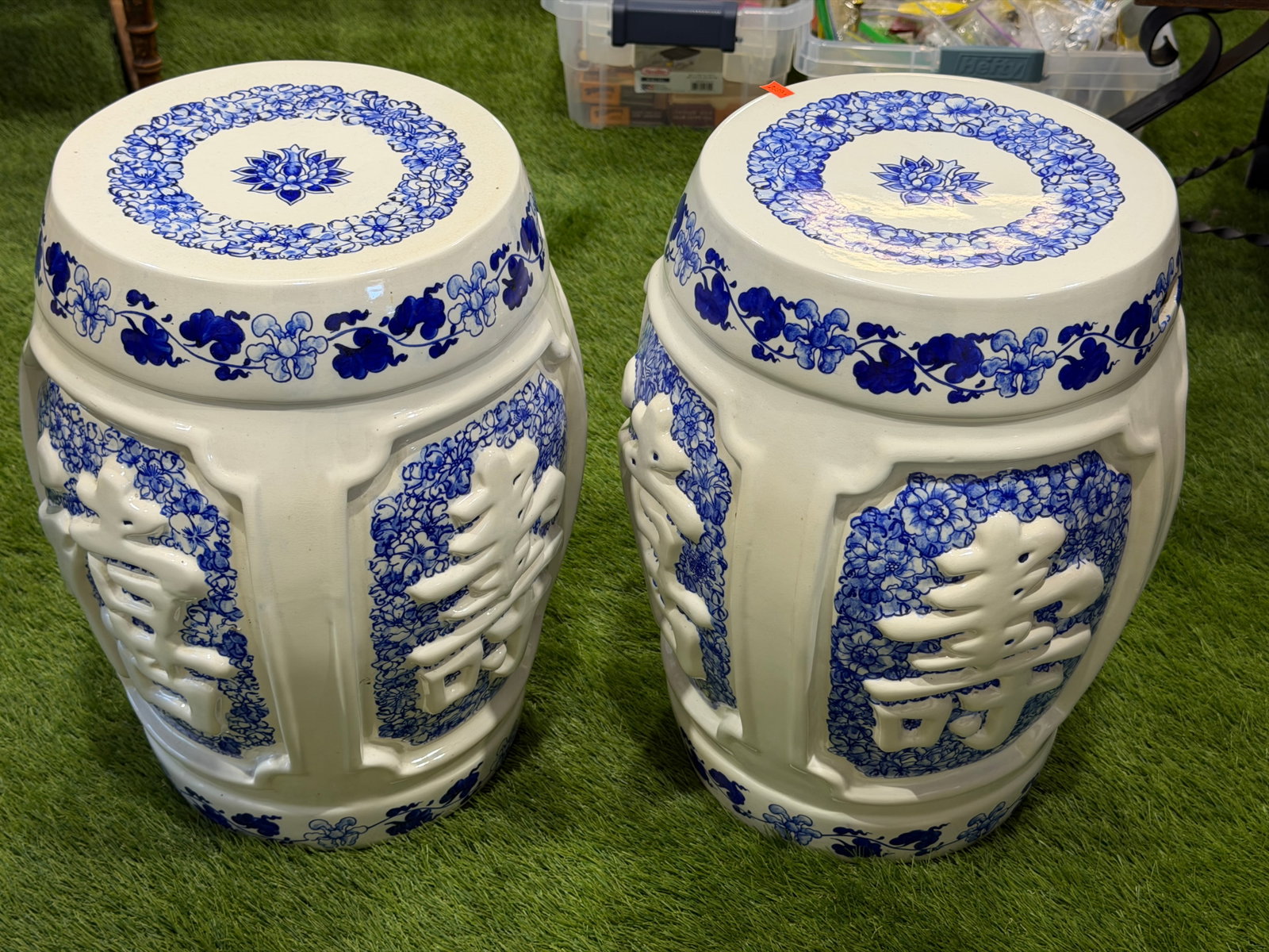(2)Chinese Chinoiserie Garden Stools Double Happiness 11" x 19" (1 of 5)
