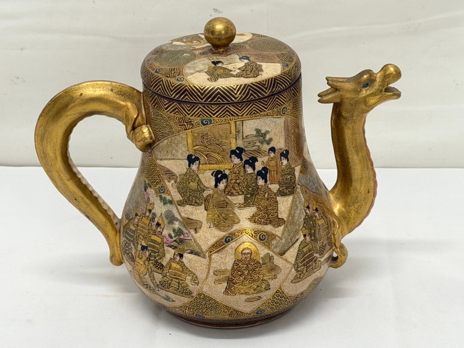 Japanese Meiji Period Satsuma Dragon Teapot with Shimazu Crest 7" x 6": Hand Painted Teapot with Dragon Spout & Dragon Tail Handle - Black / Gold Stamp & Shimazu Kamon Mark
