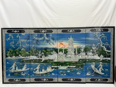 (4)Vintage Lacquered Asian Panels with Mother of Pearl - Each 15.5" x 31.25" , Box: (4)Vintage Lacquered Asian Panels with Mother of Pearl - Each 15.5" x 31.25" , Box