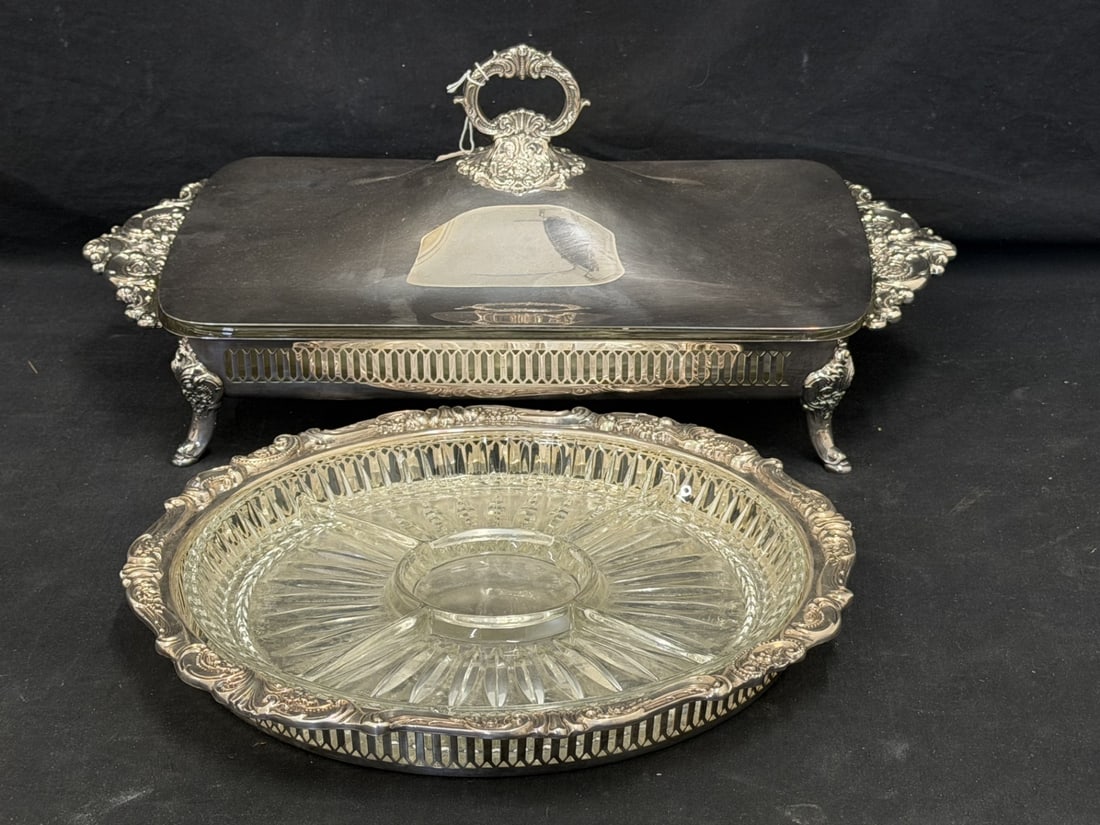 Wallace Baroque Silverplated Serving Dish 10" x 20" x 4" & Relish Dish 13.5" x 1.5": Wallace Baroque Covered Serving Dish with Glass Insert & Wallace Baroque Relish Tray with Glass Insert