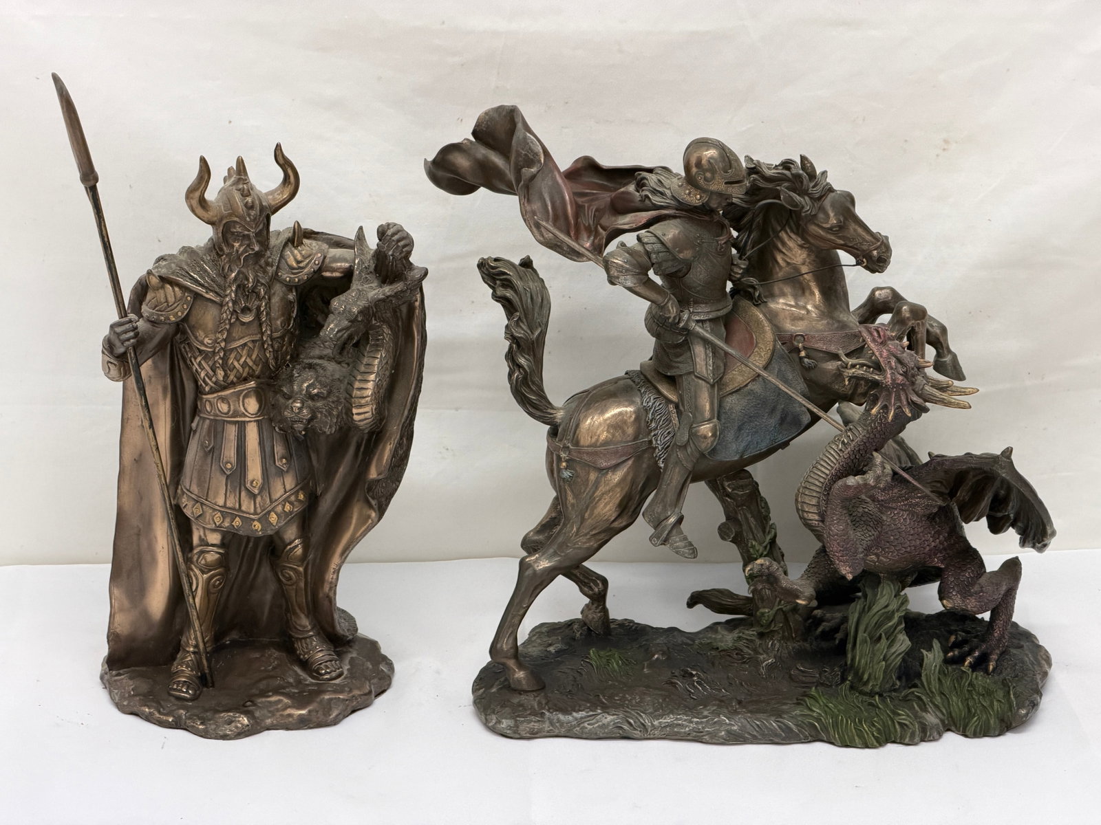 Saint George Slaying Dragon + Norse God Statues: Norse God Loki with Wolf & Dragon 6" x 10.5" + St. George 13" x 6" x 11" - Cold Cast Bronzed Resin