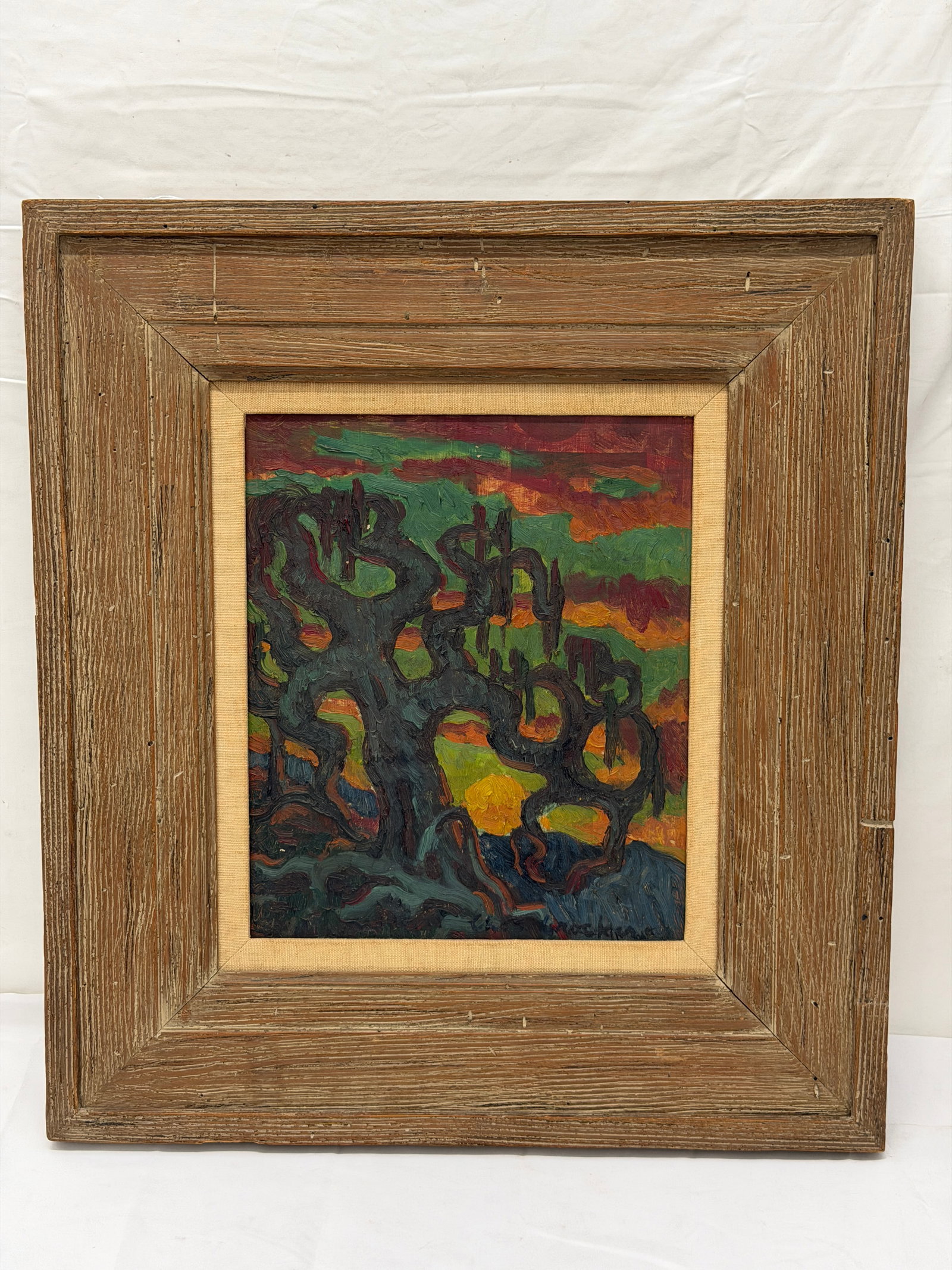 Charles Matthew Crocker(1877-1950) Original Acrylic on Board - Framed 21.25" x 23.5": Signed Bottom Right, Titled 'Sunset' - Wood Framed 21.25" x 23.5" , Sight 11.75" x 14"
