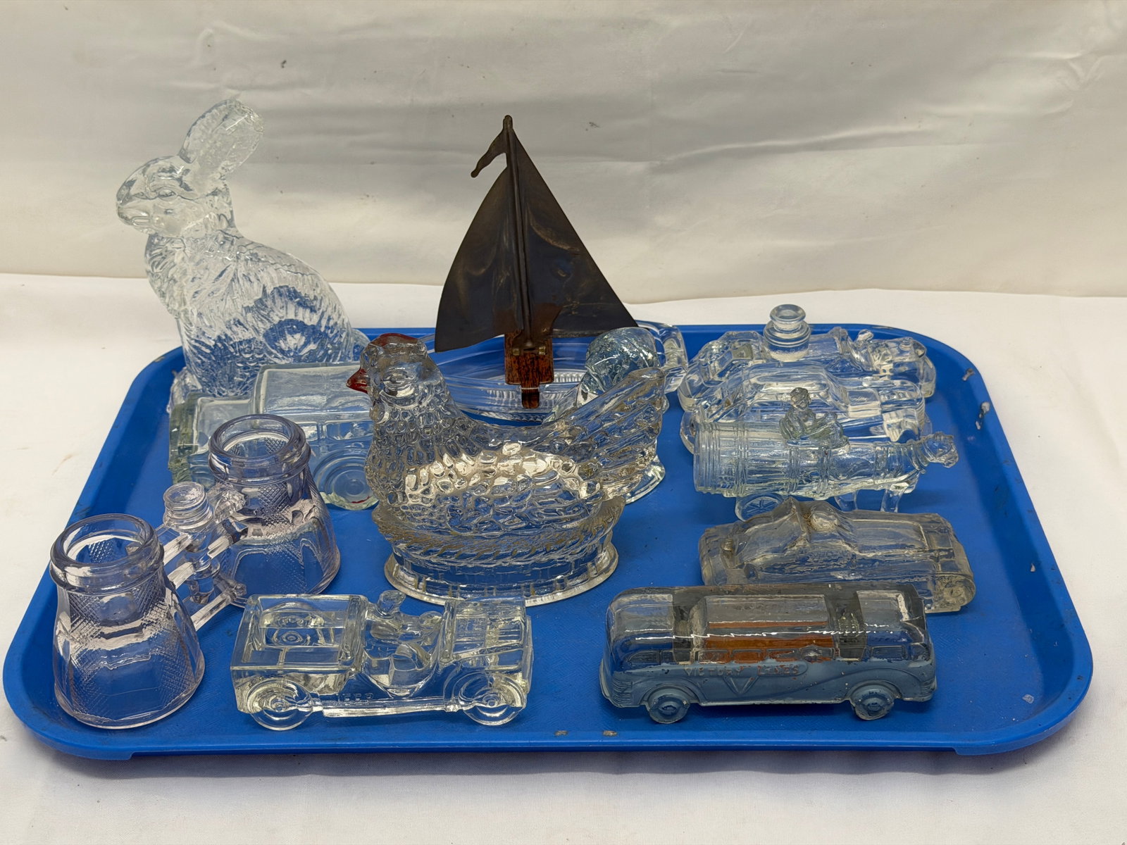 (12)Vintage Glass Candy Containers - Metal / Tin & Glass Sailboat, Bus, Tank, Cars, Chicken,More (1 of 7)