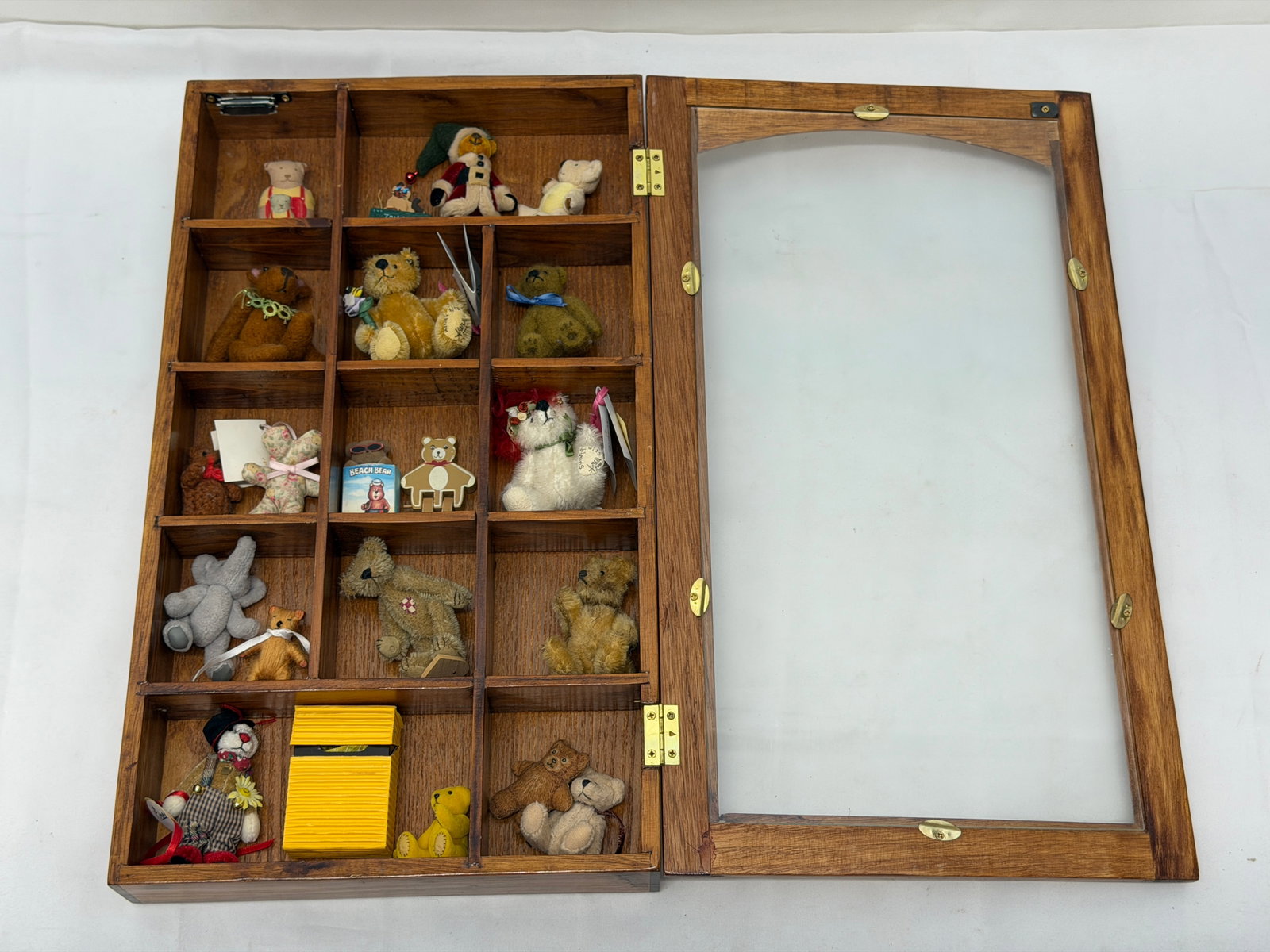 Lot of Miniature Teddy Bears in Wooden Glass Case - Various Makers 1.75" to 3"T: Lot of Miniature Teddy Bears in Wooden Glass Case - Various Makers 1.75" to 3"T