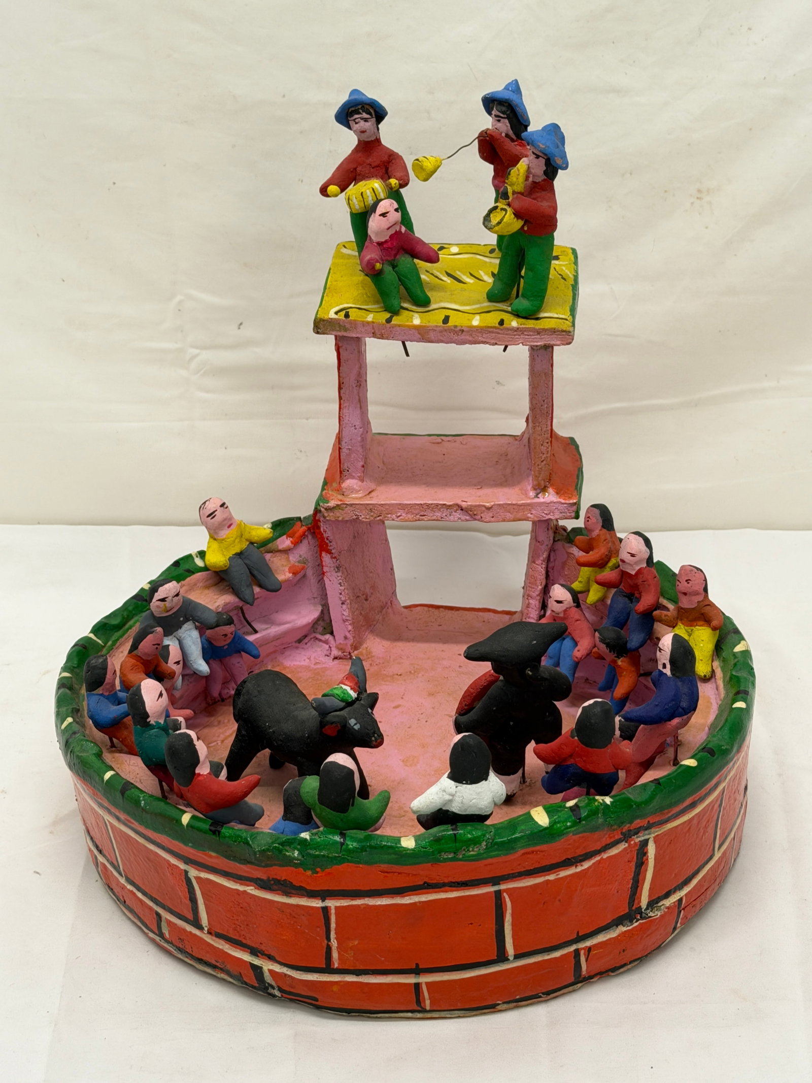 Vintage Candelario Medrano (1918-1986) Plaza De Toros Mexican Folk Art - 14.25" x 12"T x 12.5": Large Bull Fighting Arena in Vibrant Colors - Unsigned, Purchased from Artist